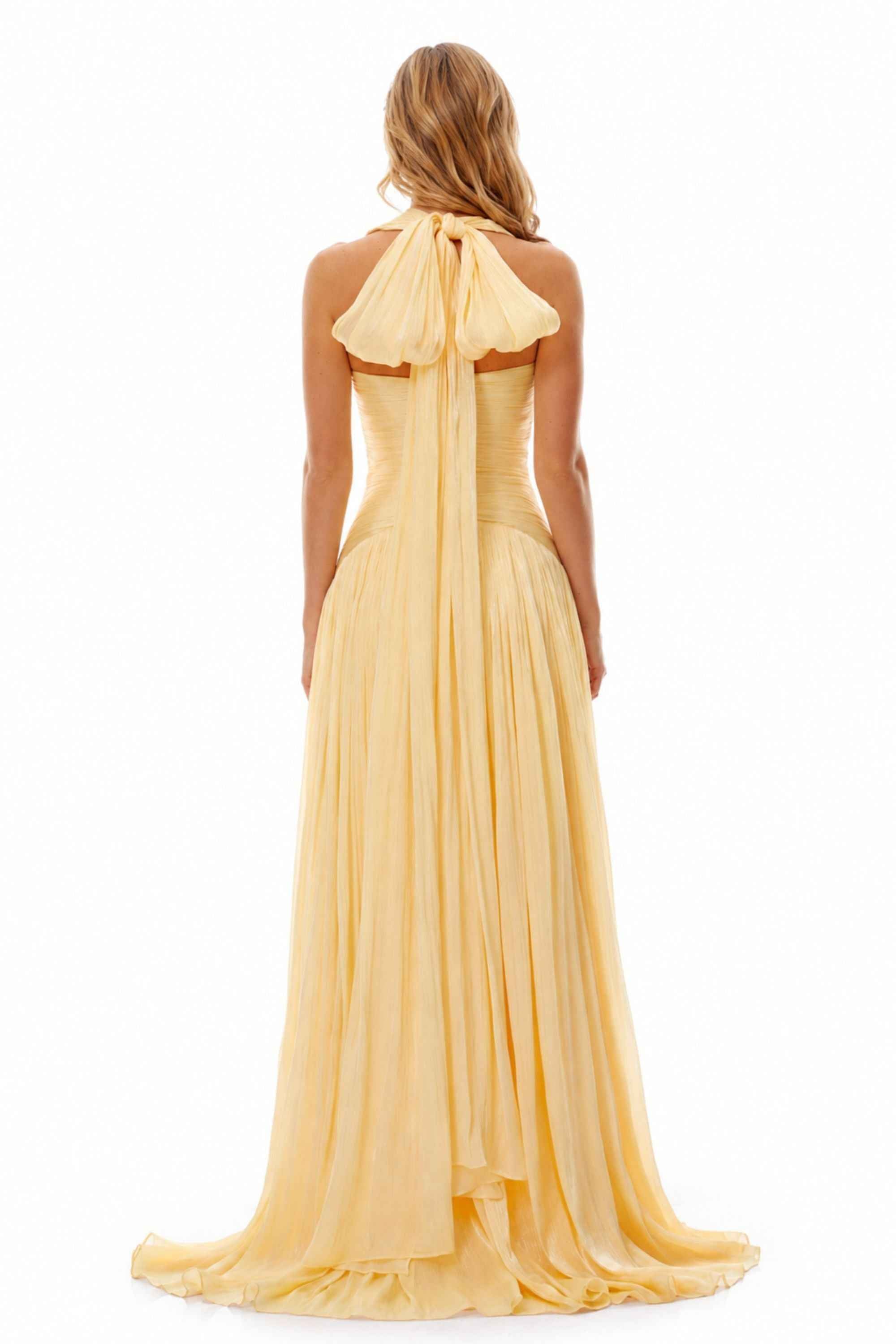 Verdelune Halter Pleated Slit Maxi Dress Yellow