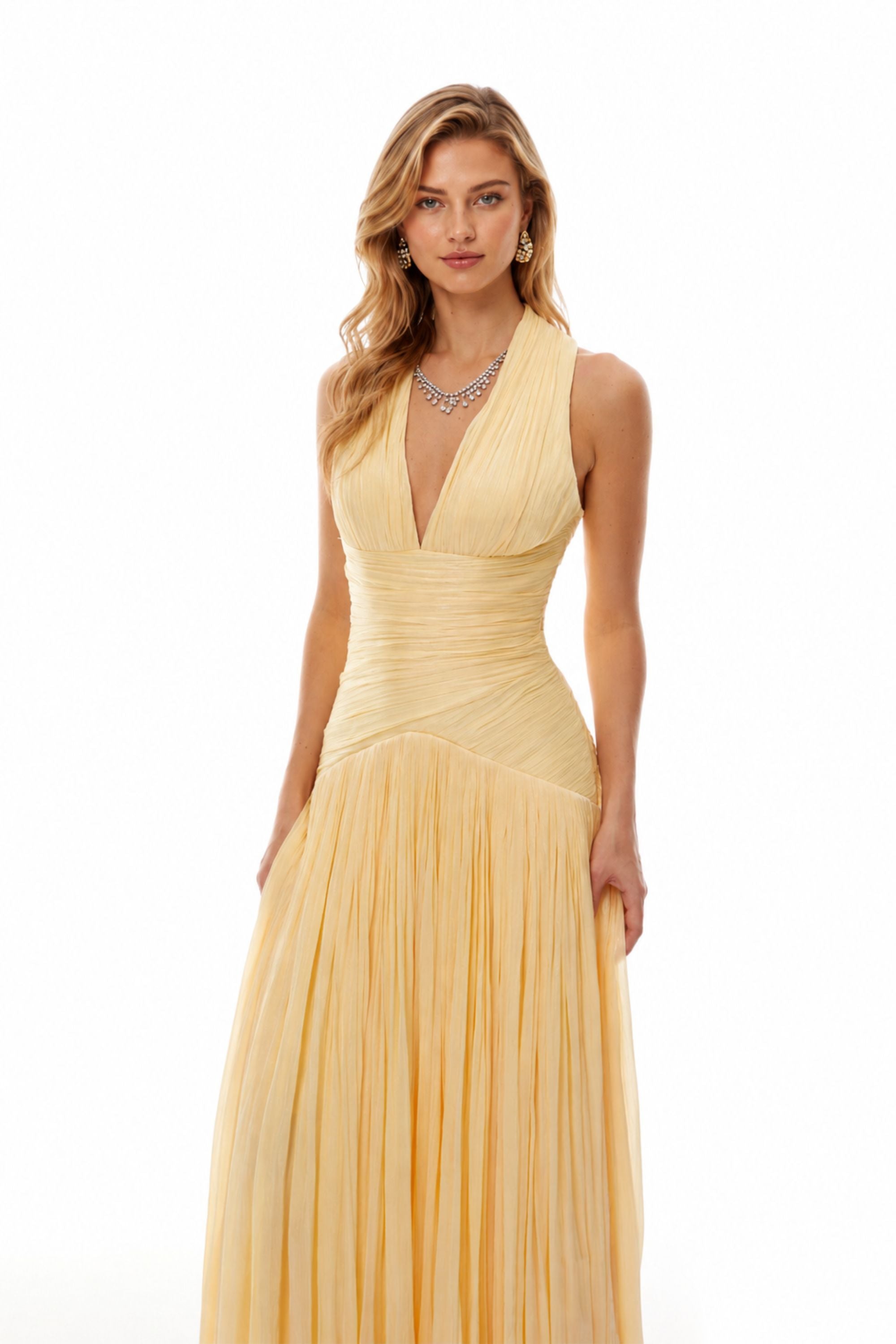 Verdelune Halter Pleated Slit Maxi Dress Yellow