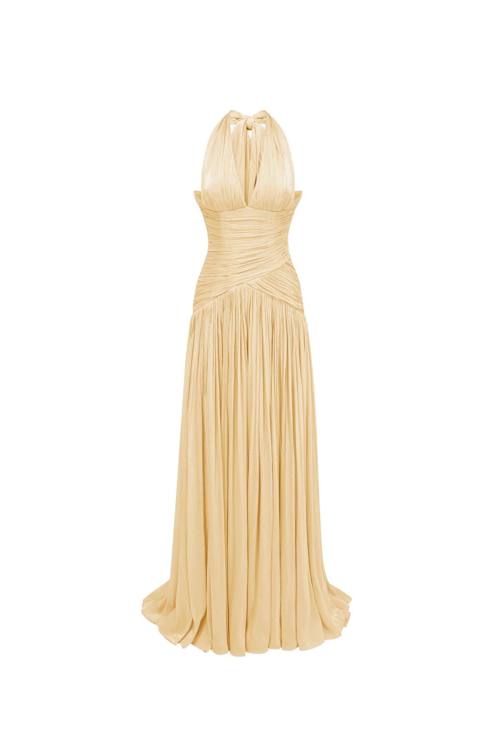 Verdelune Halter Pleated Slit Maxi Dress Yellow
