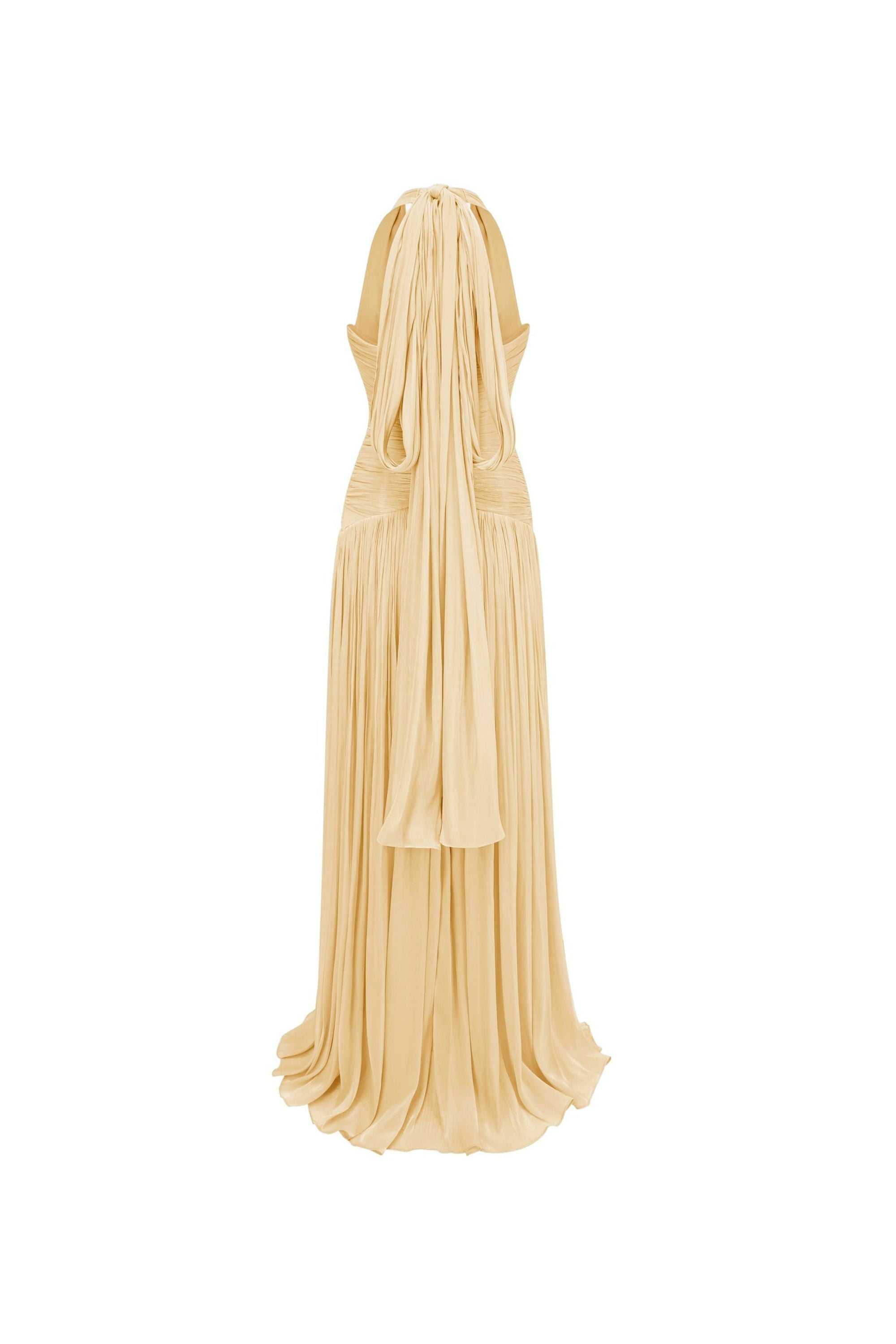 Verdelune Halter Pleated Slit Maxi Dress Yellow