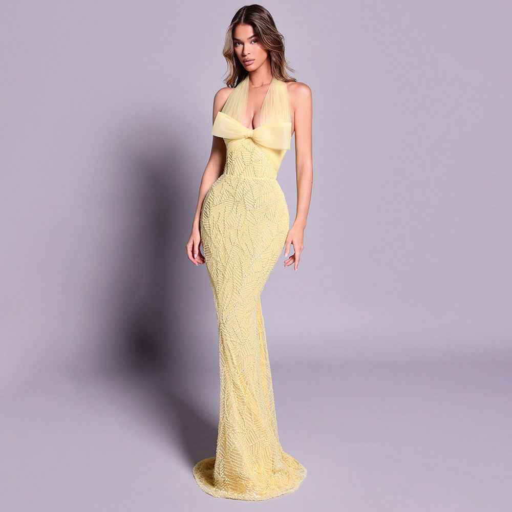 Vitesse Halter Maxi Dress with Bow in Yellow