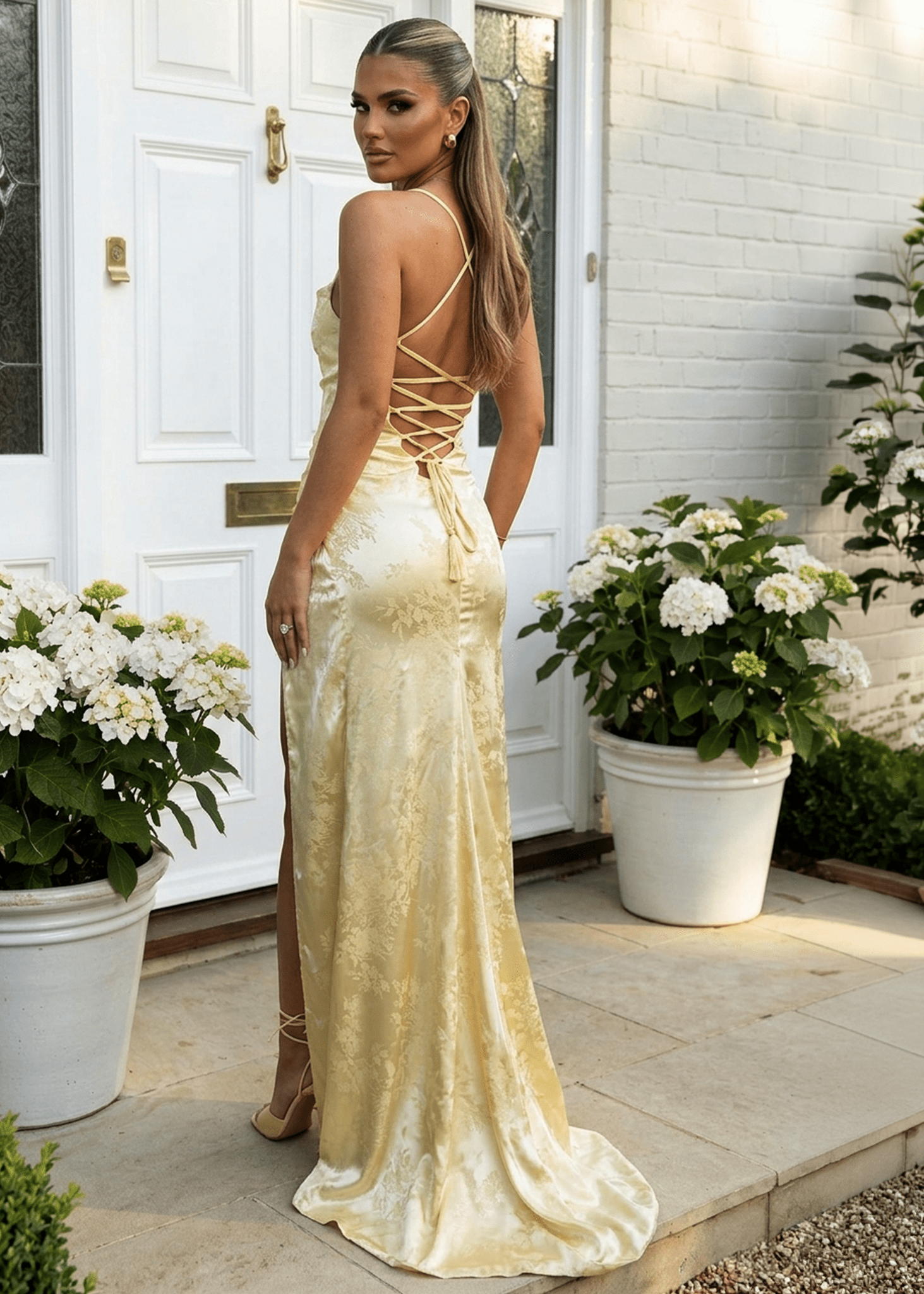 Worth Waiting For Cross Back Gown - Jacquard Yellow