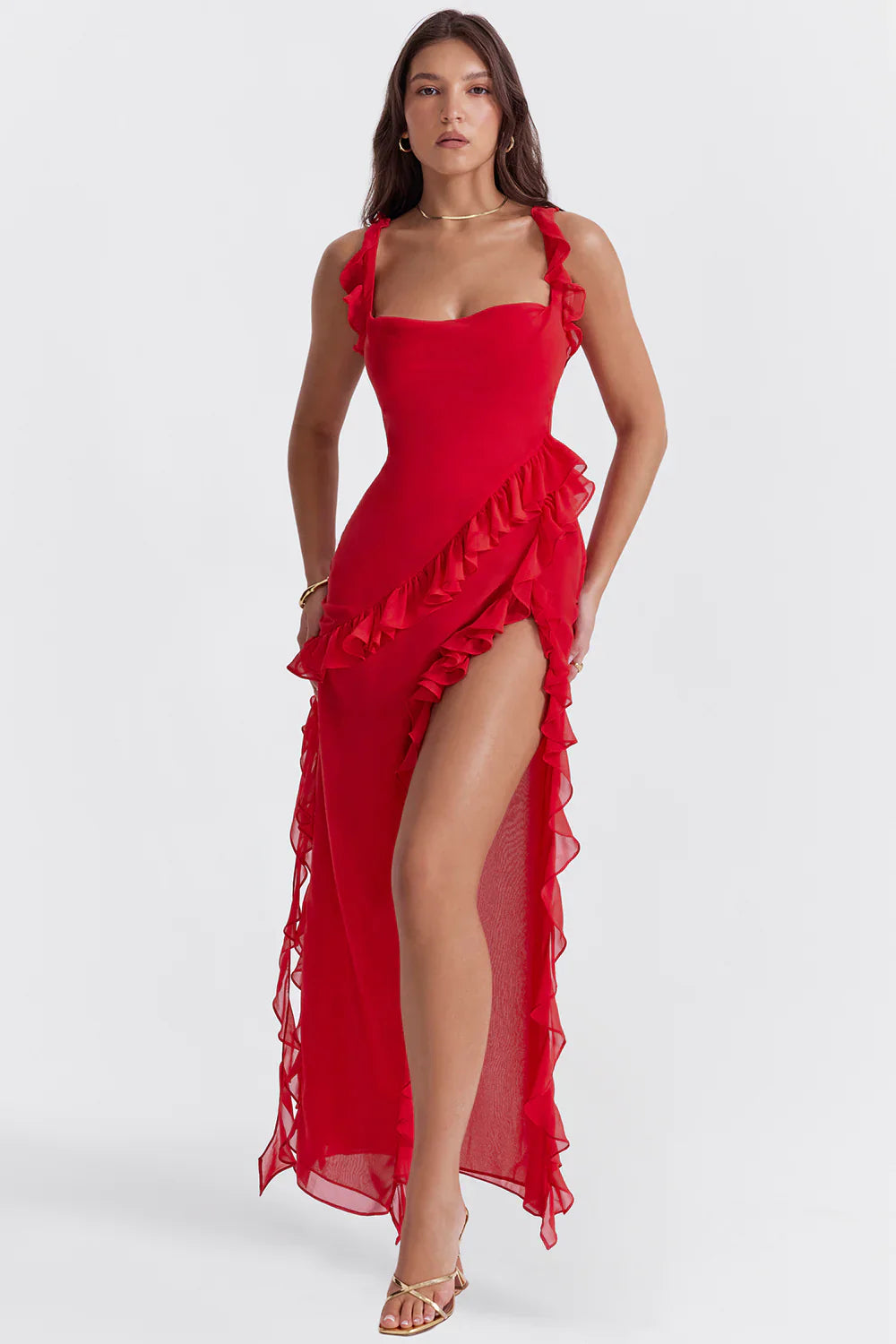 Ariela maxi dress cherry ruffle - ICYBOO