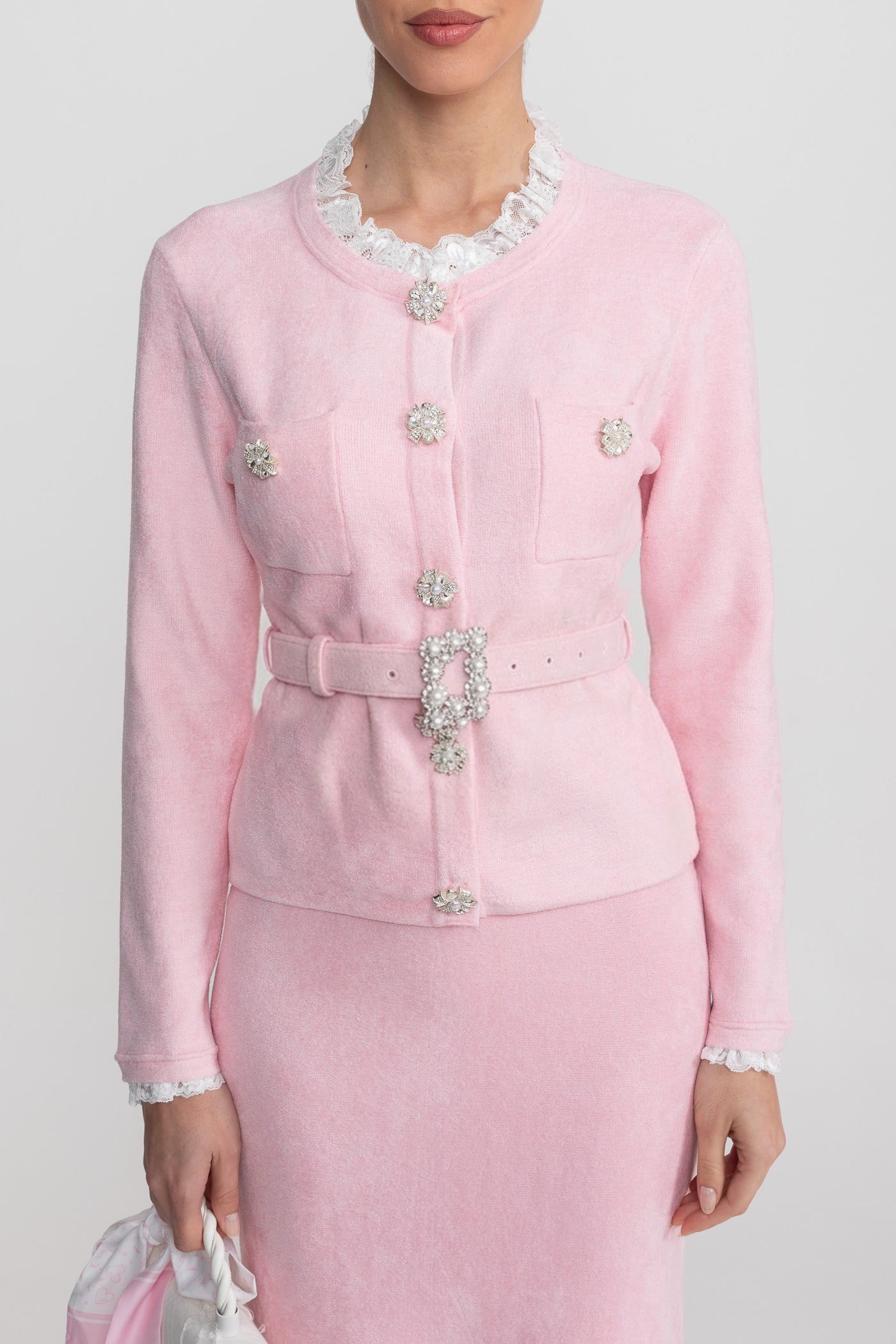 Long Sleeve Co-Ord With Fitted Knit Bodice And Crystal Button Detail - Blush Pink - ICYBOO