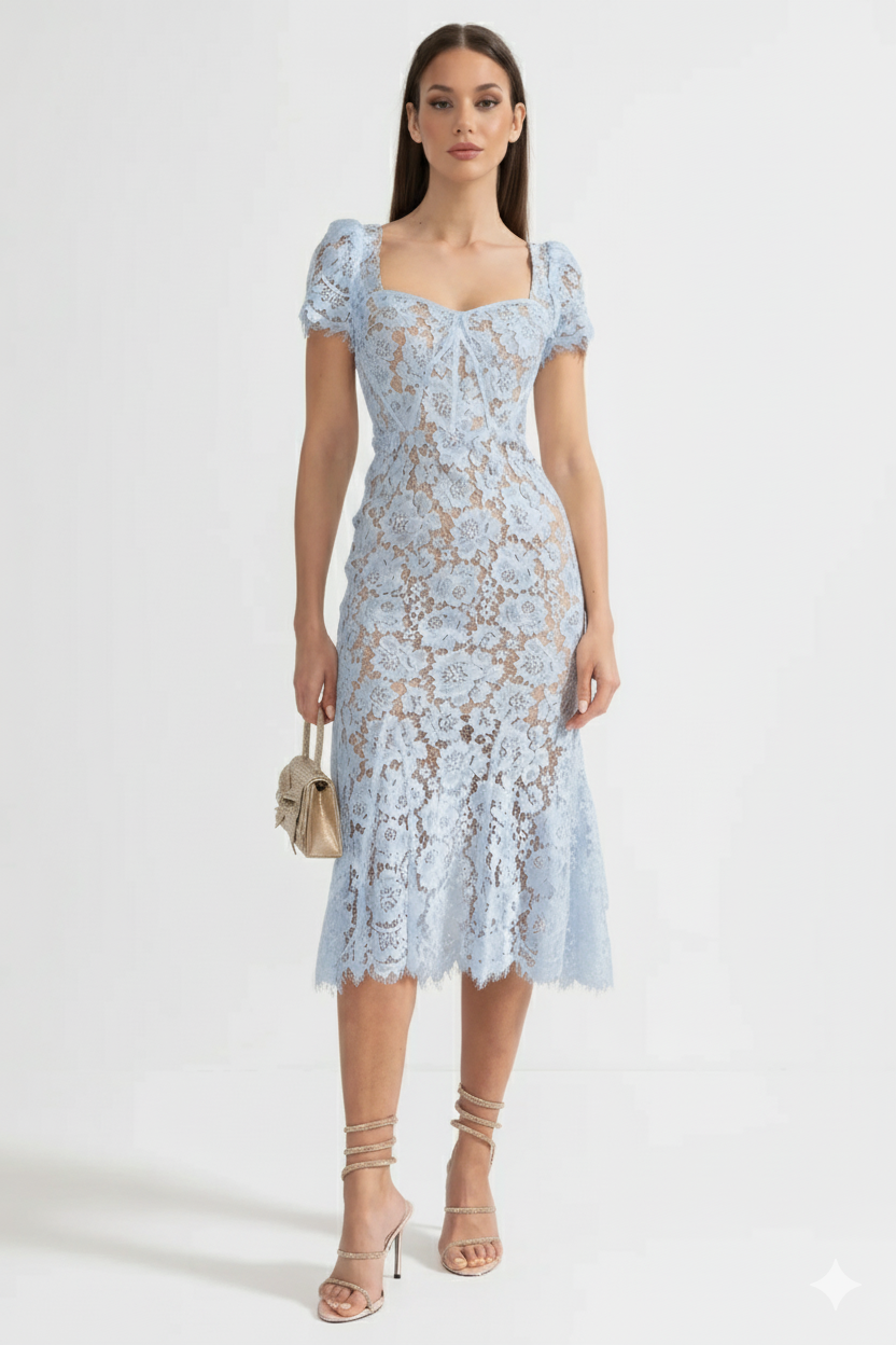 Short Sleeved Lace Dress With Delicate Matching Waist Belt - Blue - ICYBOO