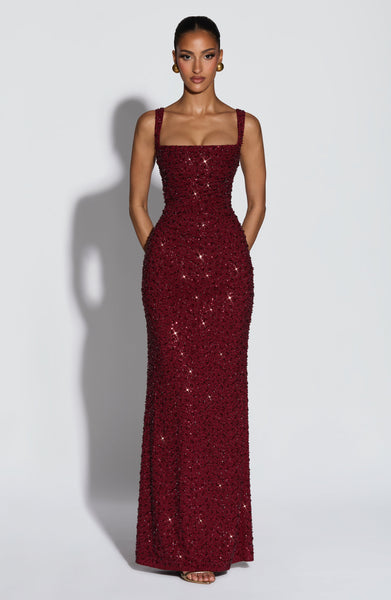 Embellished Burgundy Chiffon Maxi Dress Lace-Up Back Formal Evening Go – Icyboo