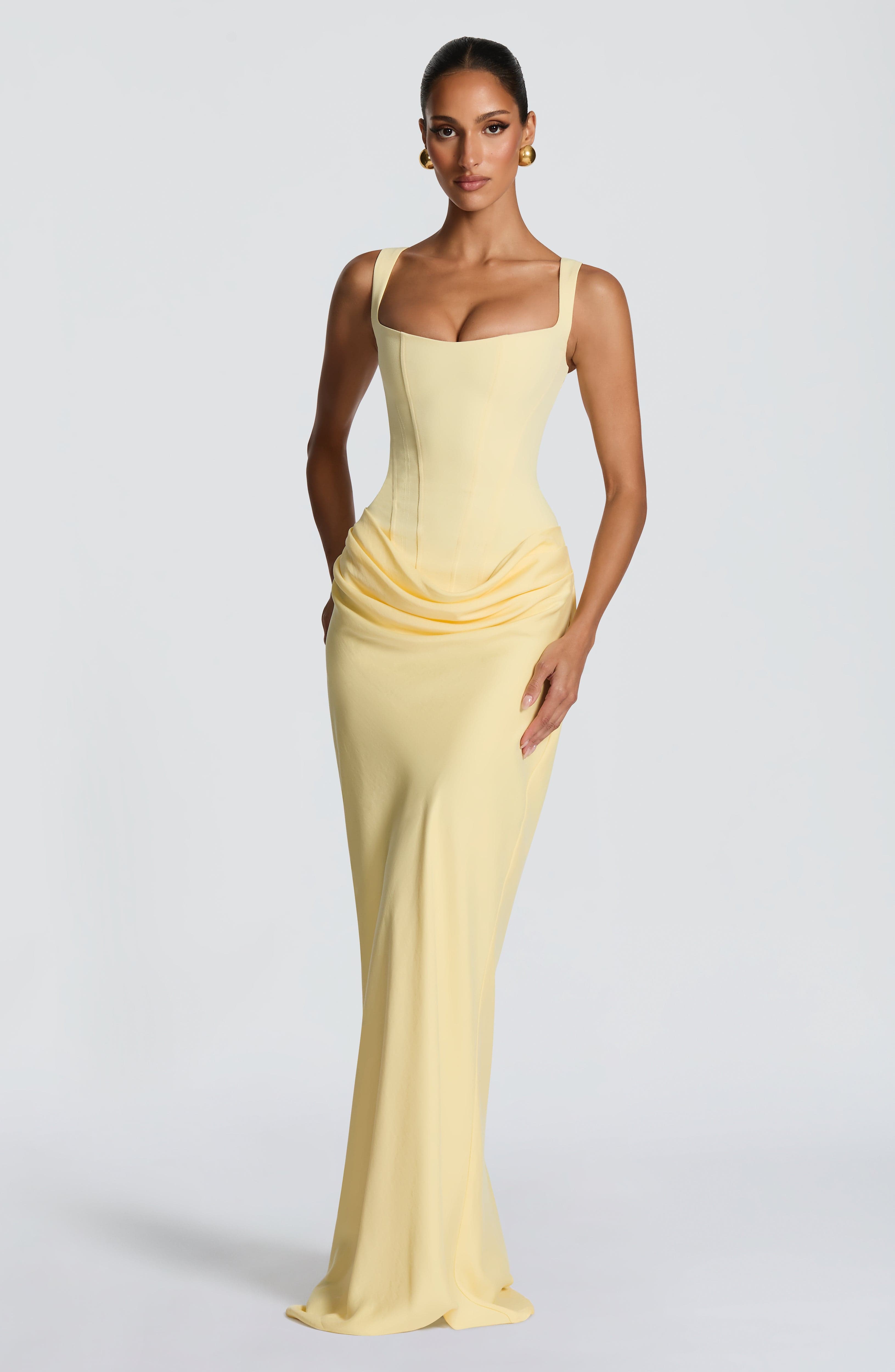 Cornelia Maxi Dress - Lemon Crepe Lace-Up - ICYBOO