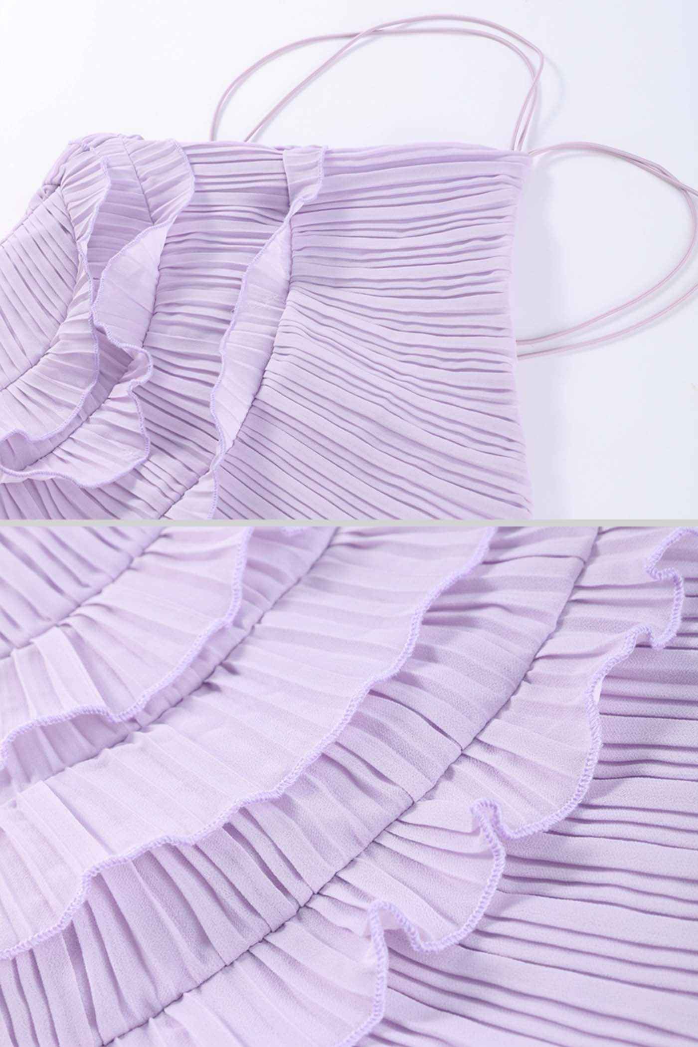 Pleated Halter Midi Dress With Cascading Ruffle Details - Lavender
