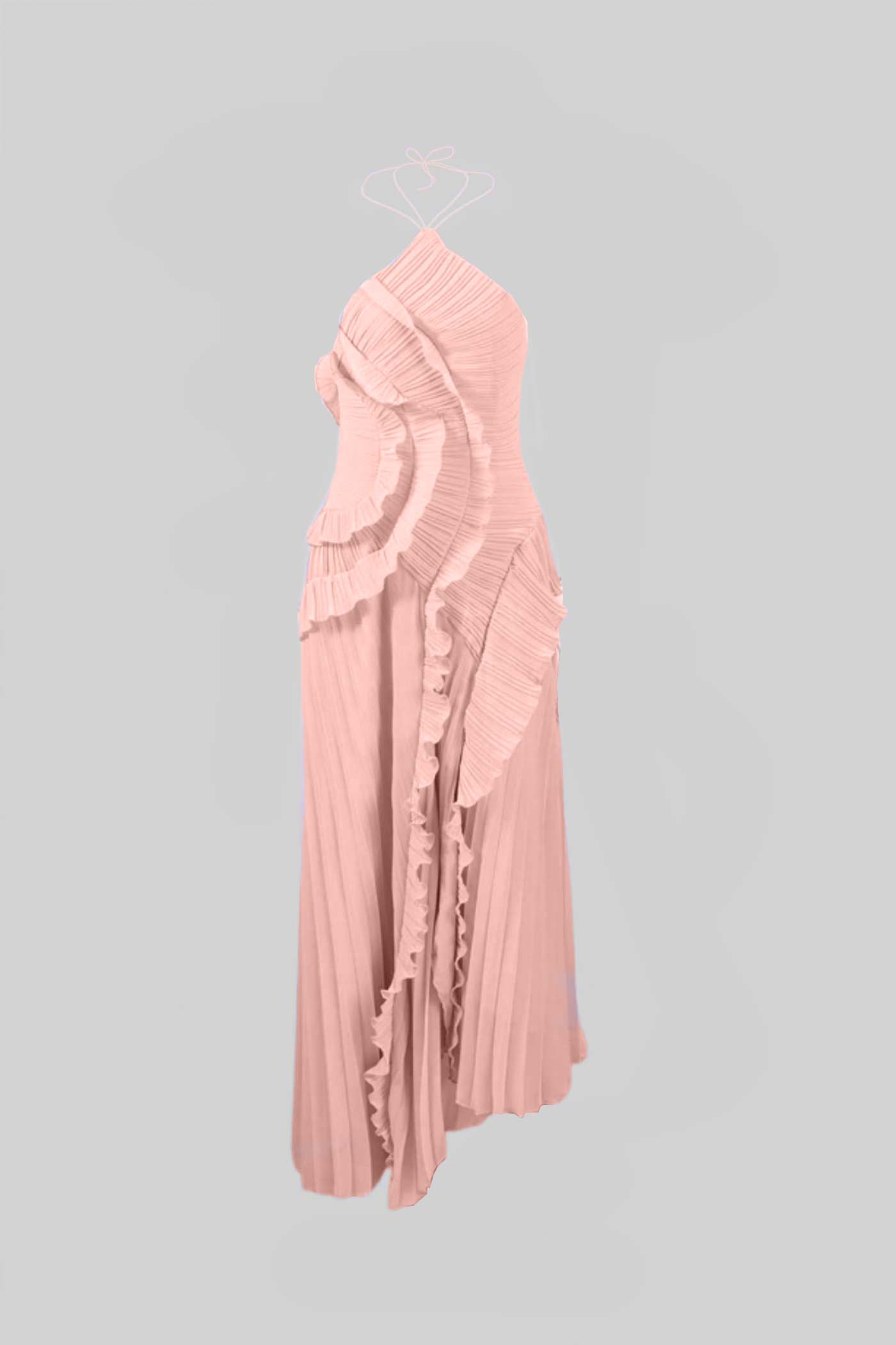 Pleated Halter Midi Dress With Cascading Ruffle Details - Pink - ICYBOO