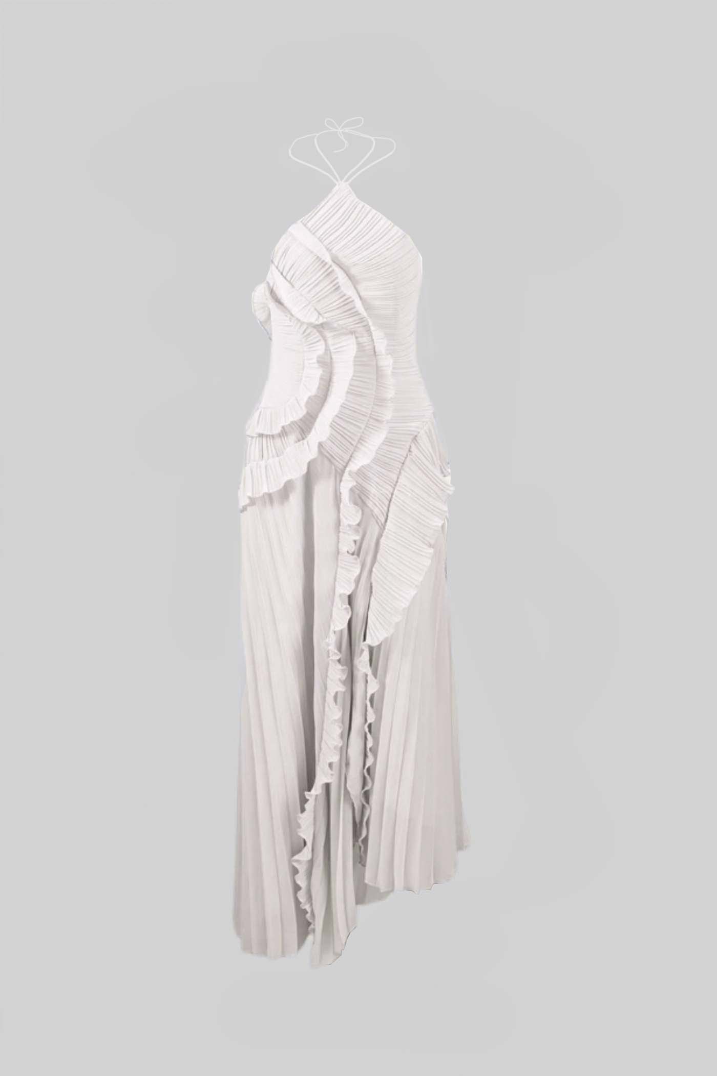 Pleated Halter Midi Dress With Cascading Ruffle Details - White - ICYBOO