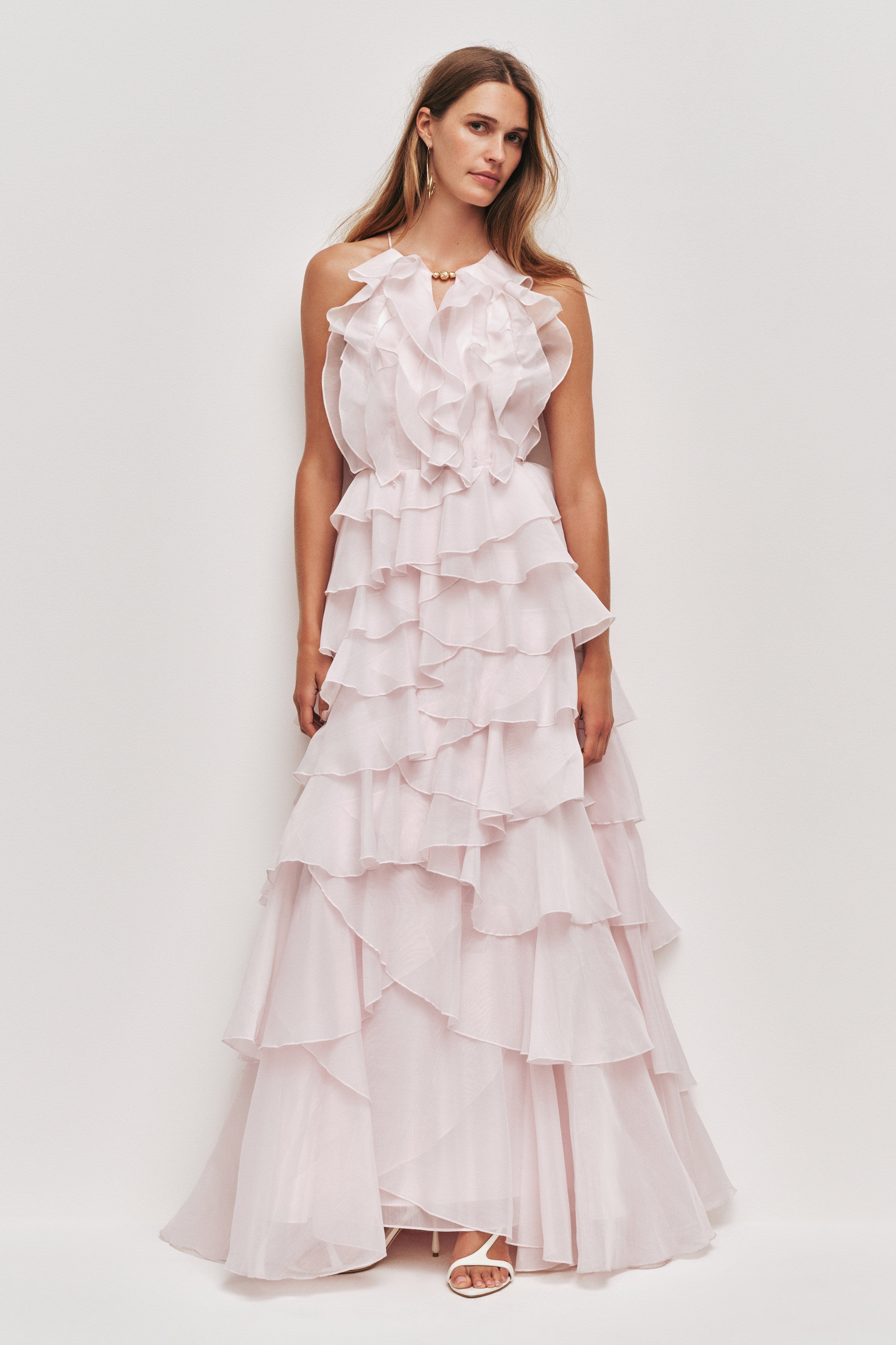 Fırfırlı lace tiered maxi formal dress - Pink - ICYBOO