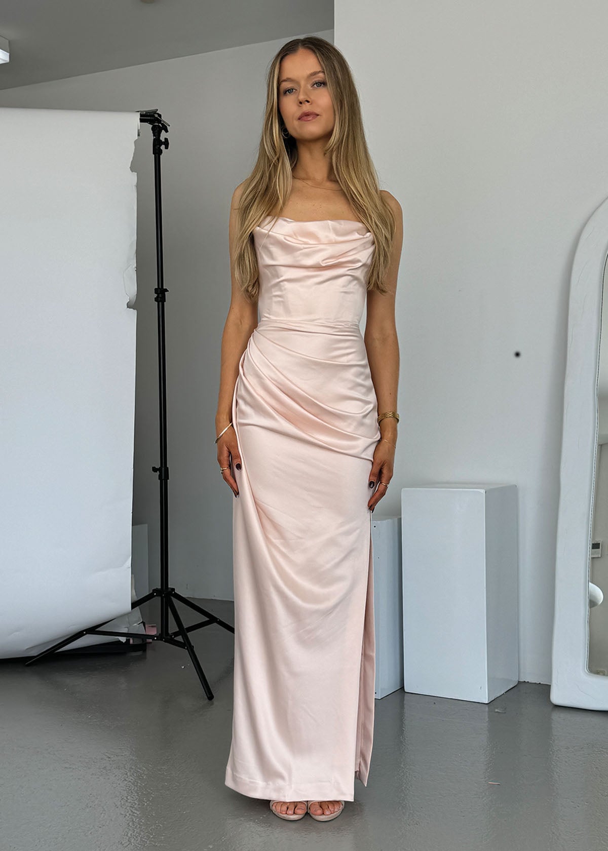 Adrienne Satin Strapless Gown in Champagne - ICYBOO