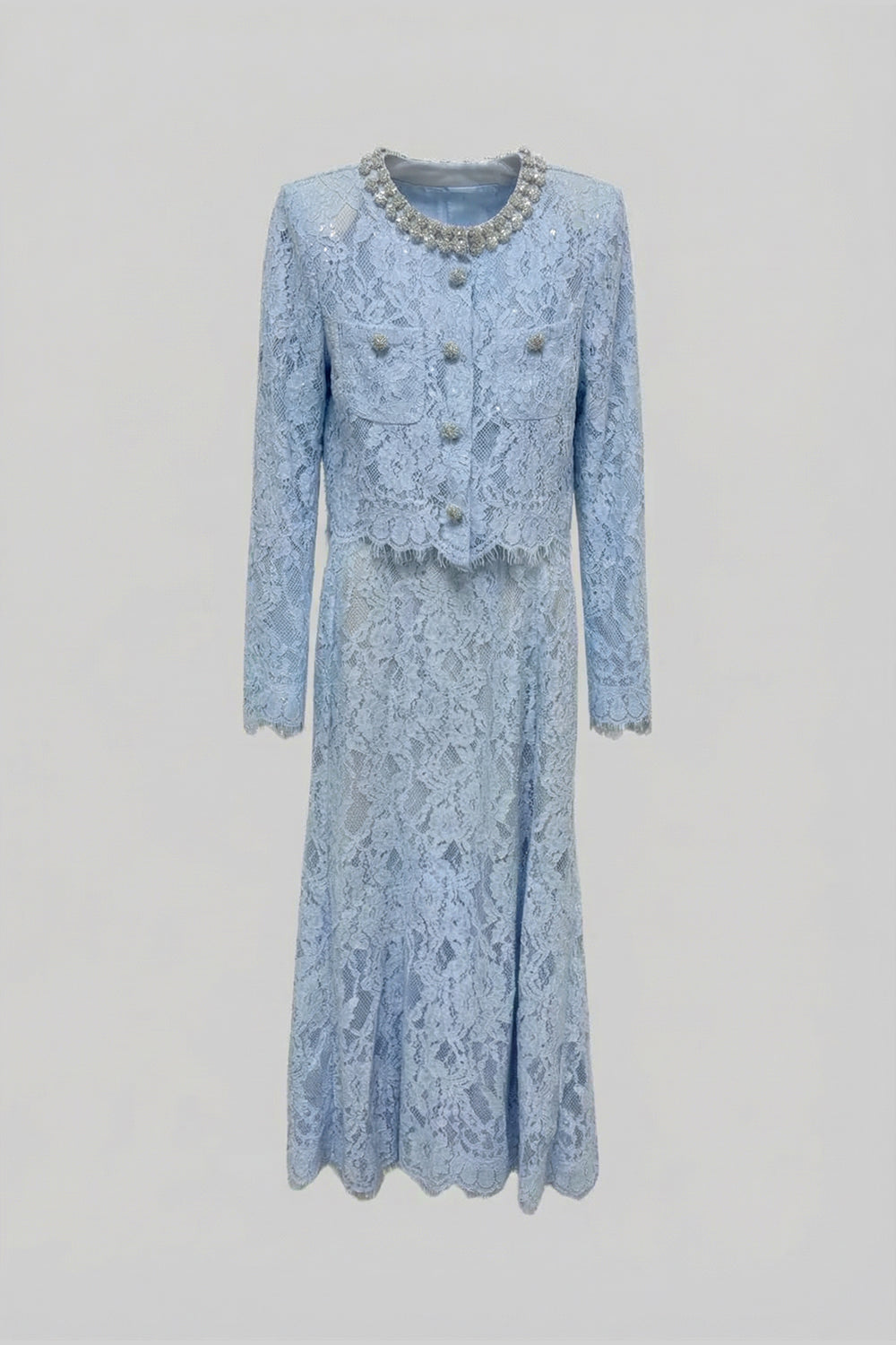 Lace Co-Ord With Sparkling Neckline Embellishments And Midi Skirt - Blue - ICYBOO