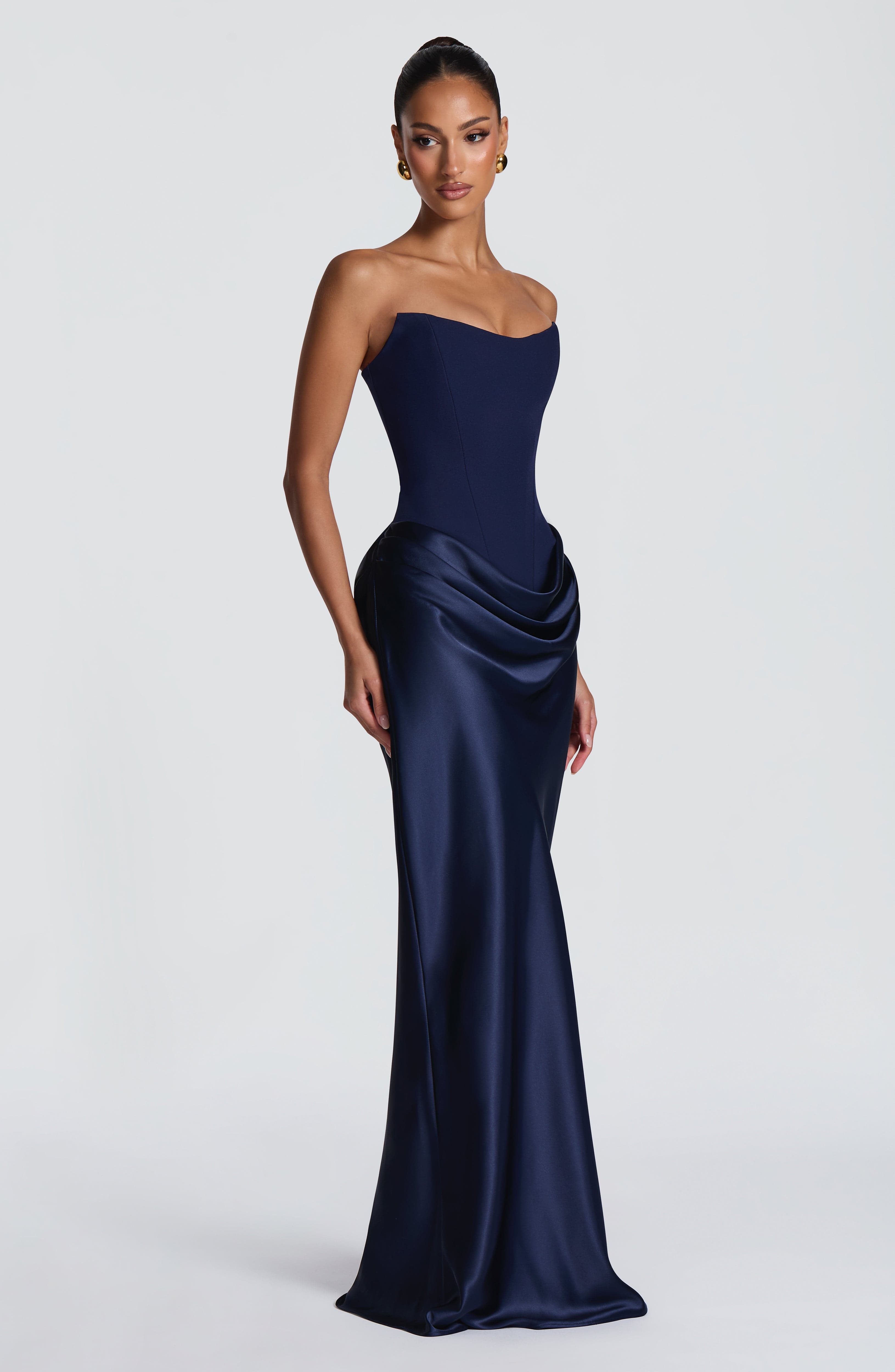 Maggie Strapless Pleated Maxi Formal Dress - Navy