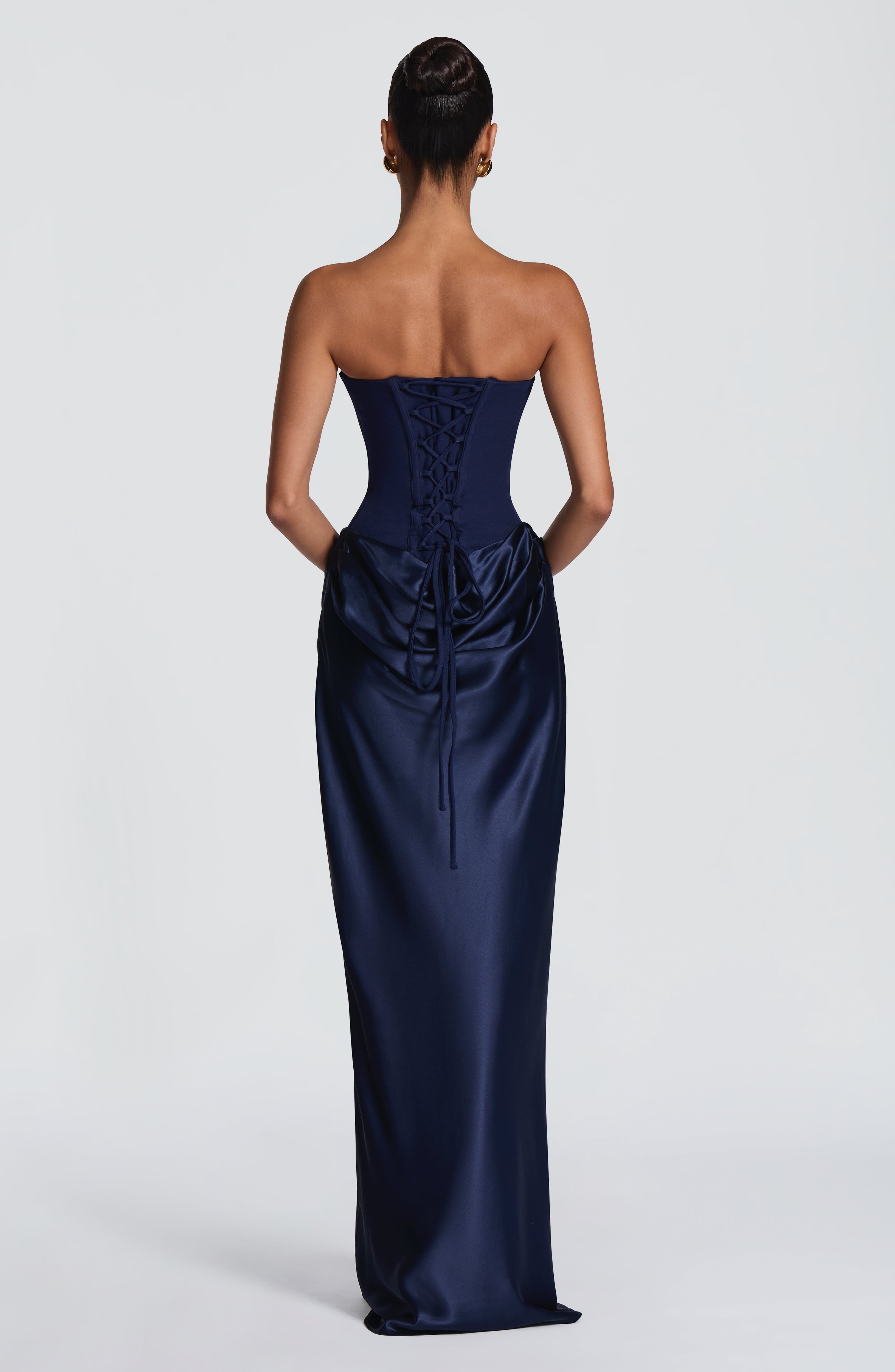 Maggie Strapless Pleated Maxi Formal Dress - Navy
