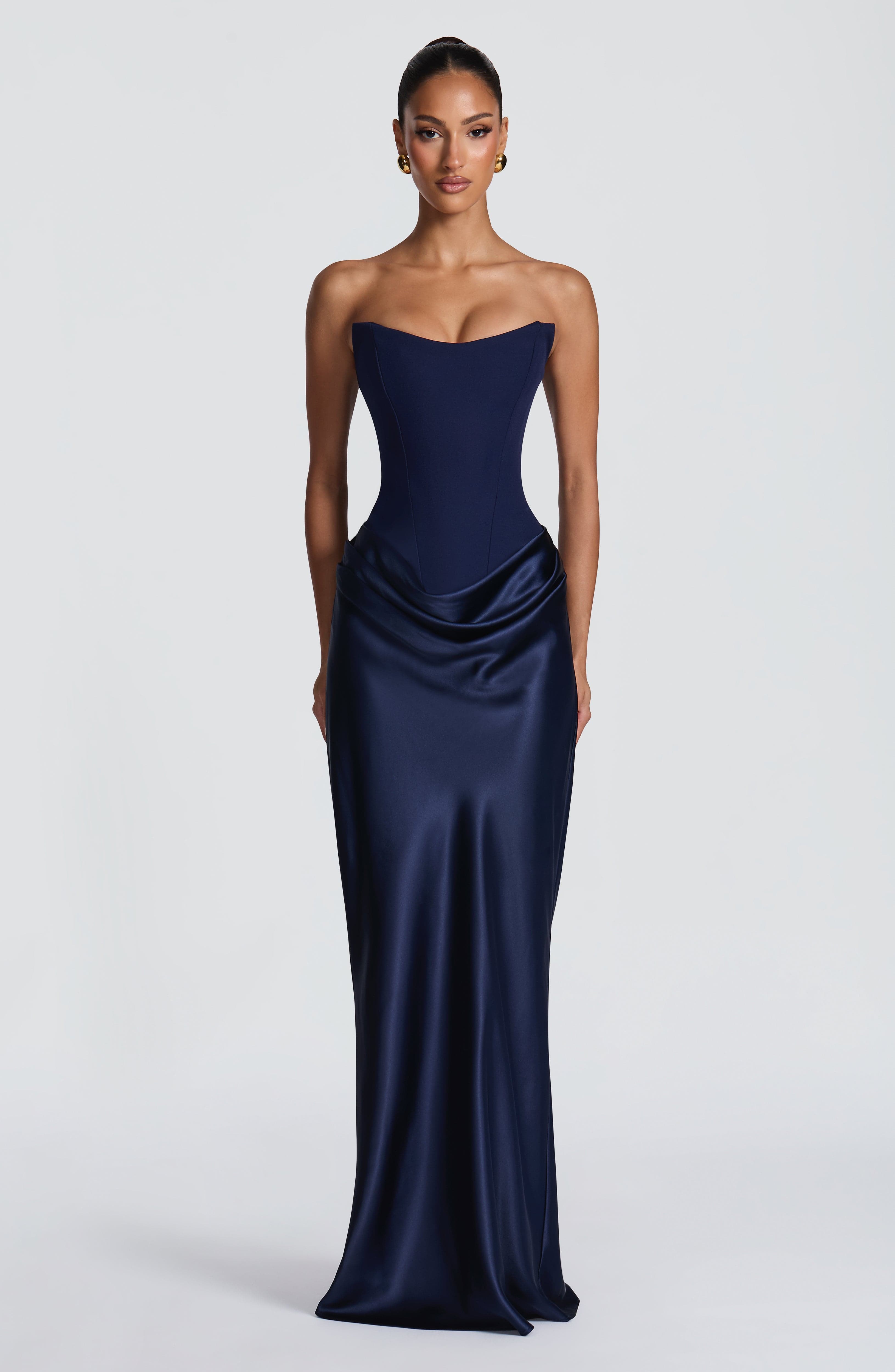 Maggie Strapless Pleated Maxi Formal Dress - Navy
