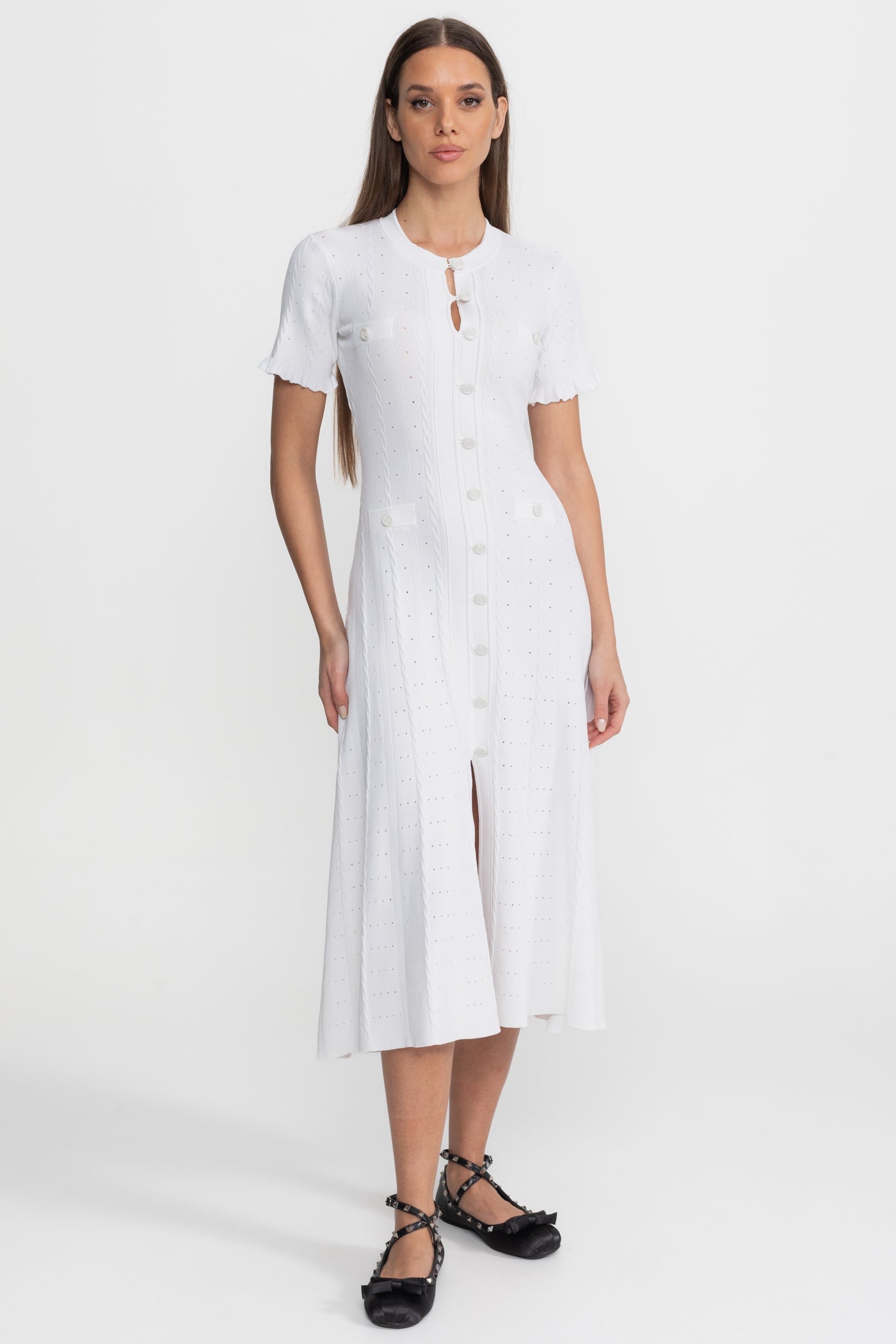 Knit Button-Front Midi Dress with Scalloped Sleeves – White - ICYBOO