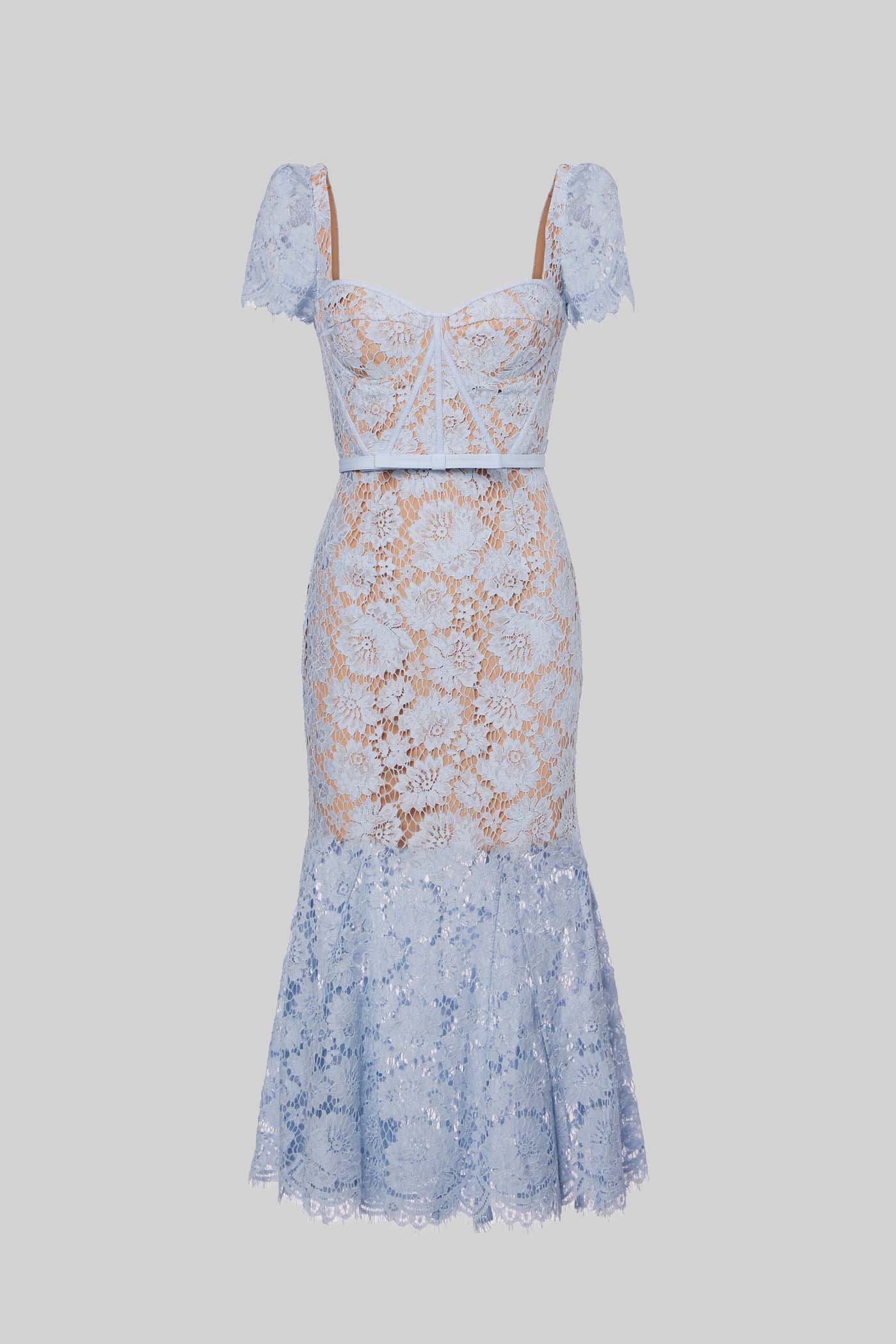 Short Sleeved Lace Dress With Delicate Matching Waist Belt - Blue - ICYBOO