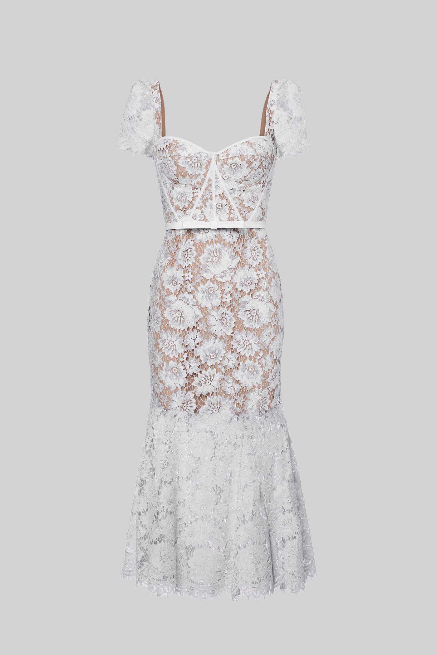 Short Sleeved Lace Dress With Delicate Matching Waist Belt - White - ICYBOO