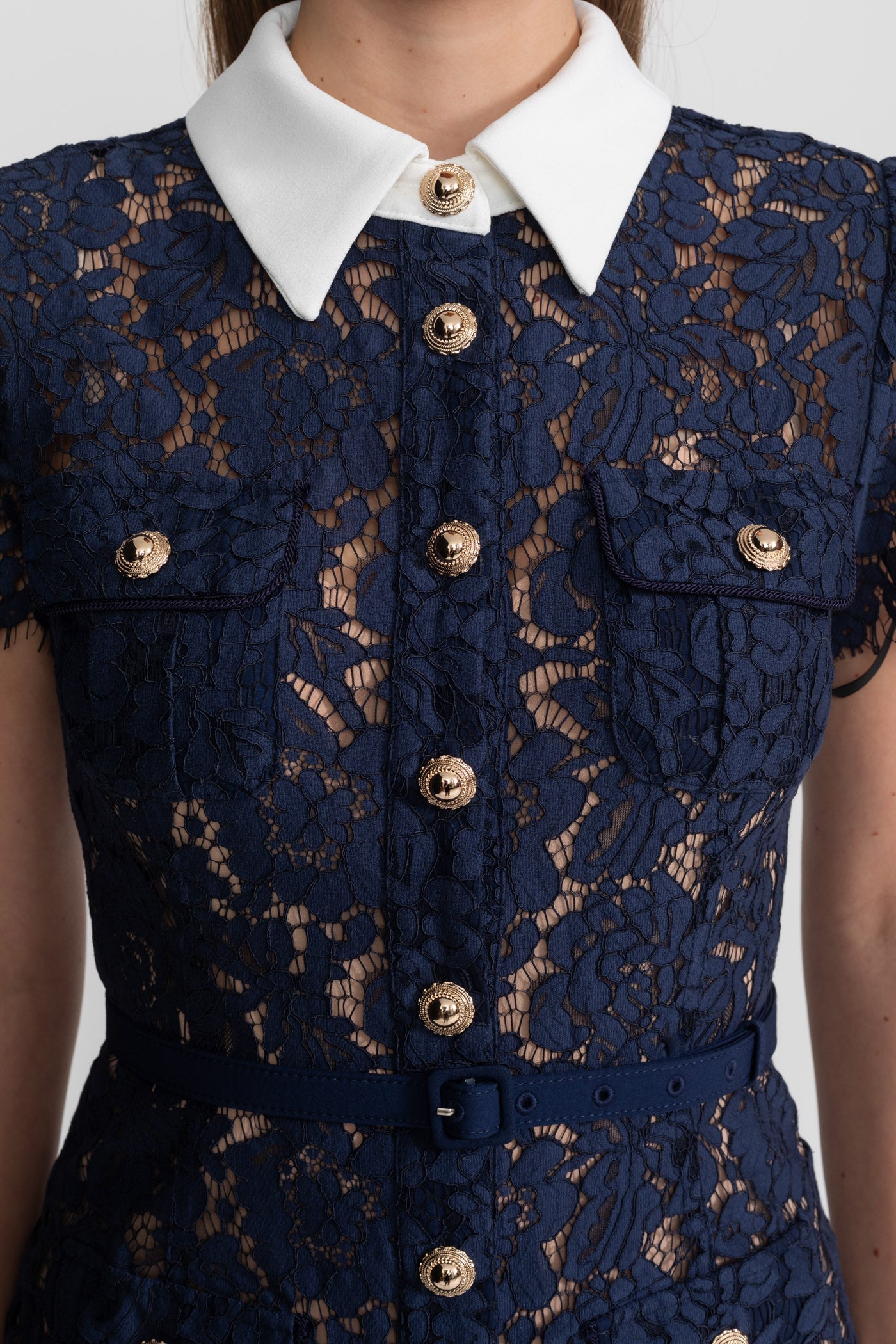 Floral Lace Midi Dress with Tailored Collar and Belted Waist - Navy - ICYBOO