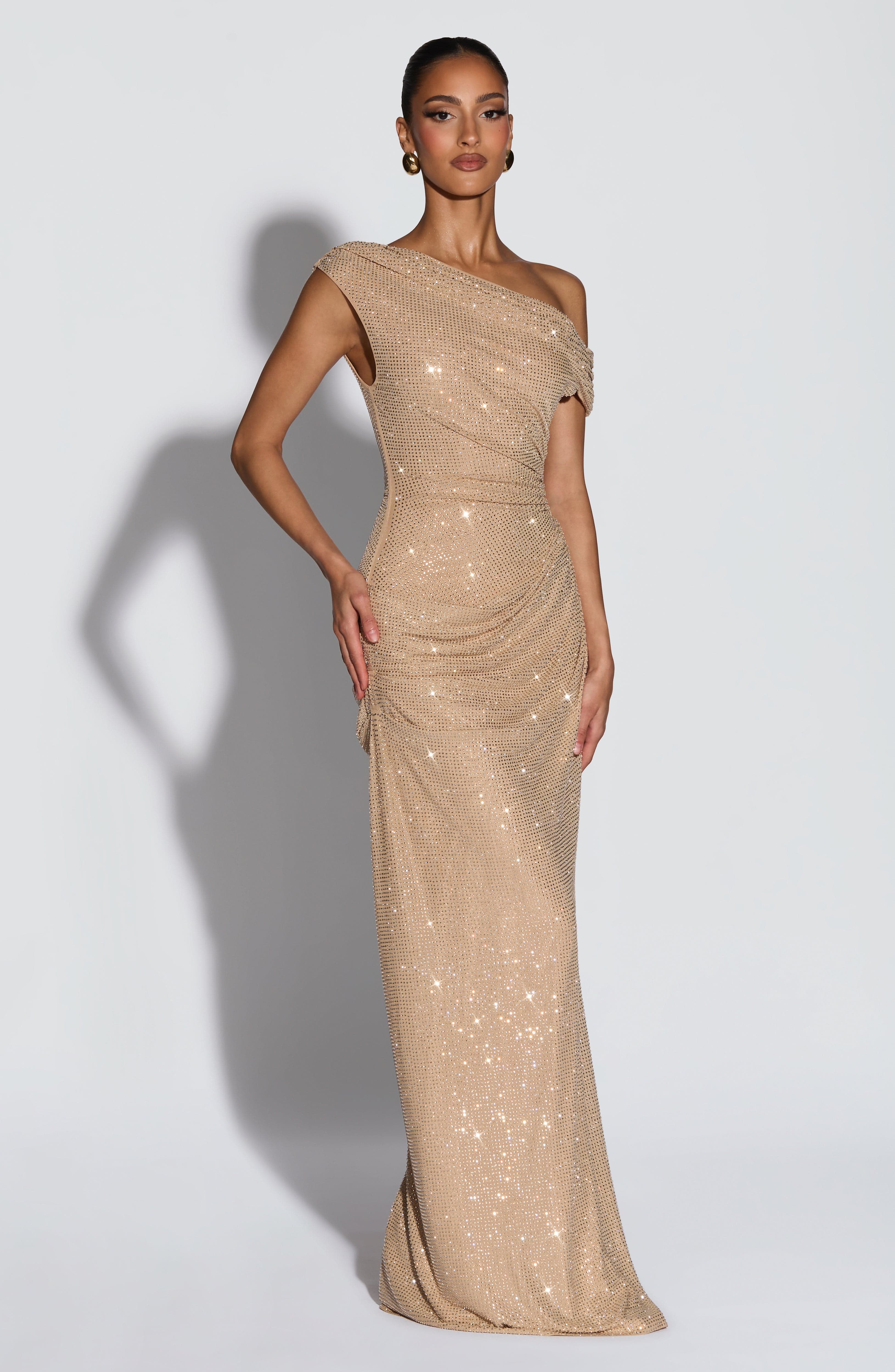 Ottilie mesh ruched maxi evening dress - Gold - ICYBOO
