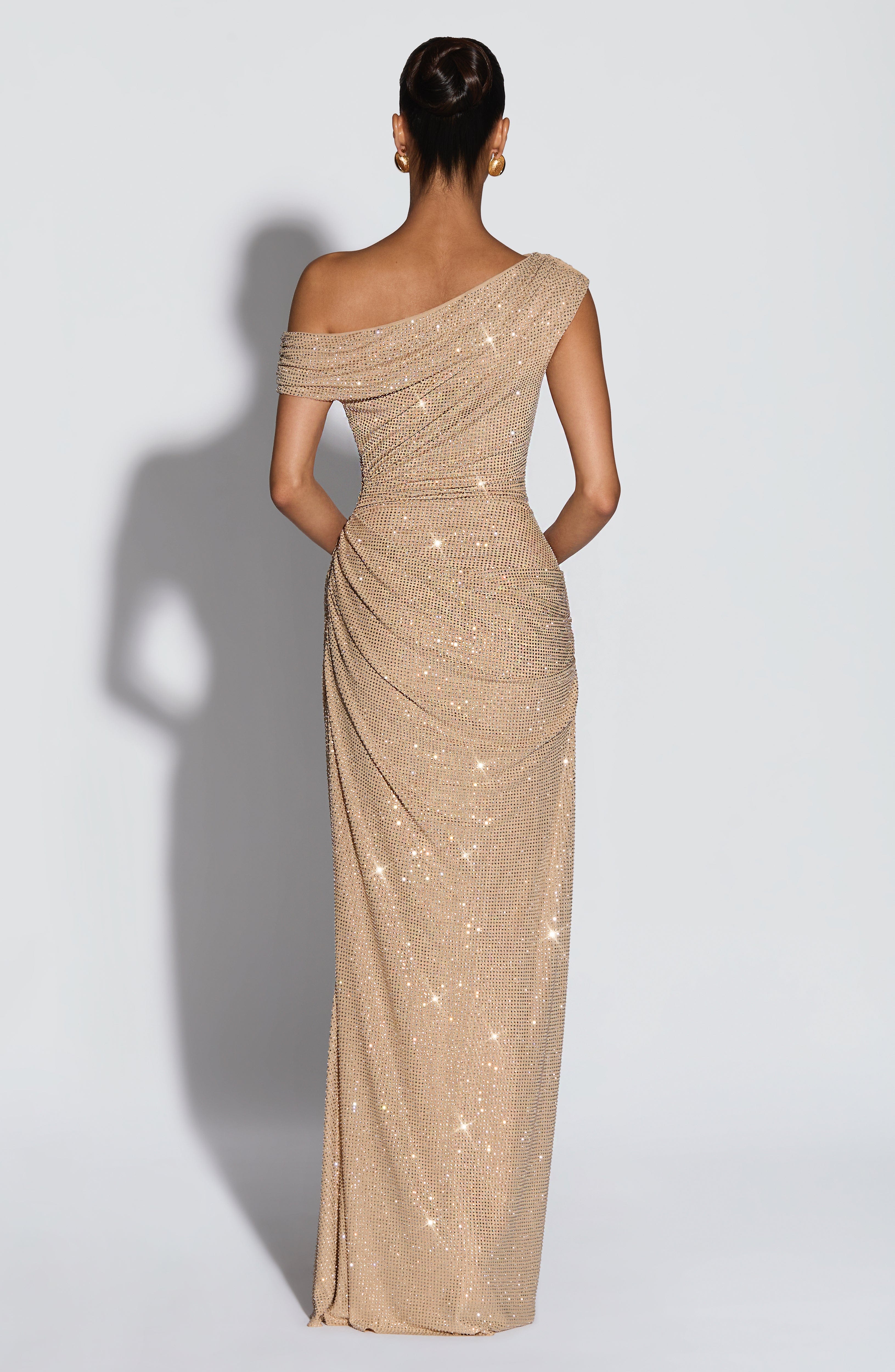 Ottilie mesh ruched maxi evening dress - Gold - ICYBOO