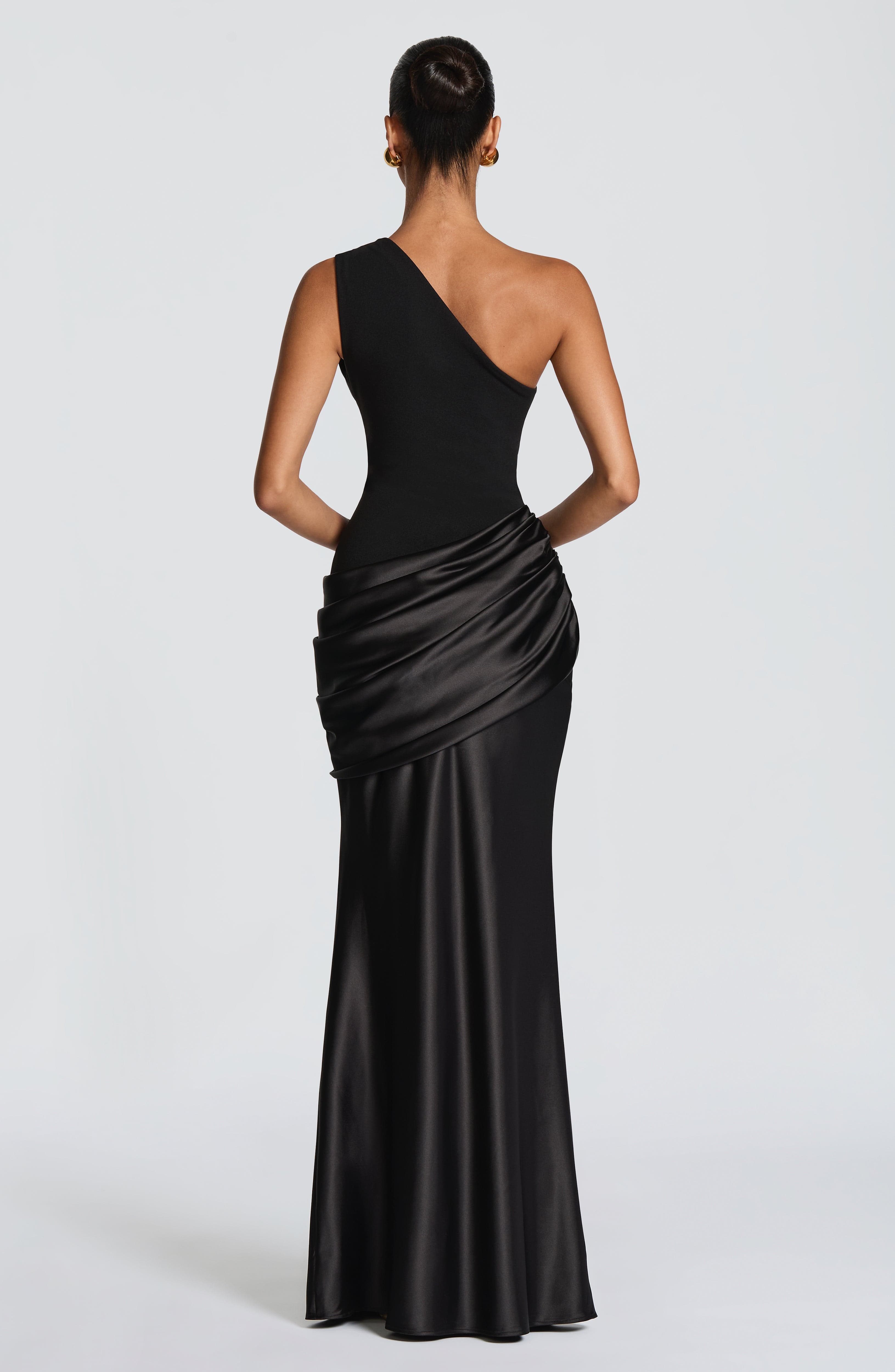 Sadona Maxi Dress - Black Satin One Shoulder - ICYBOO