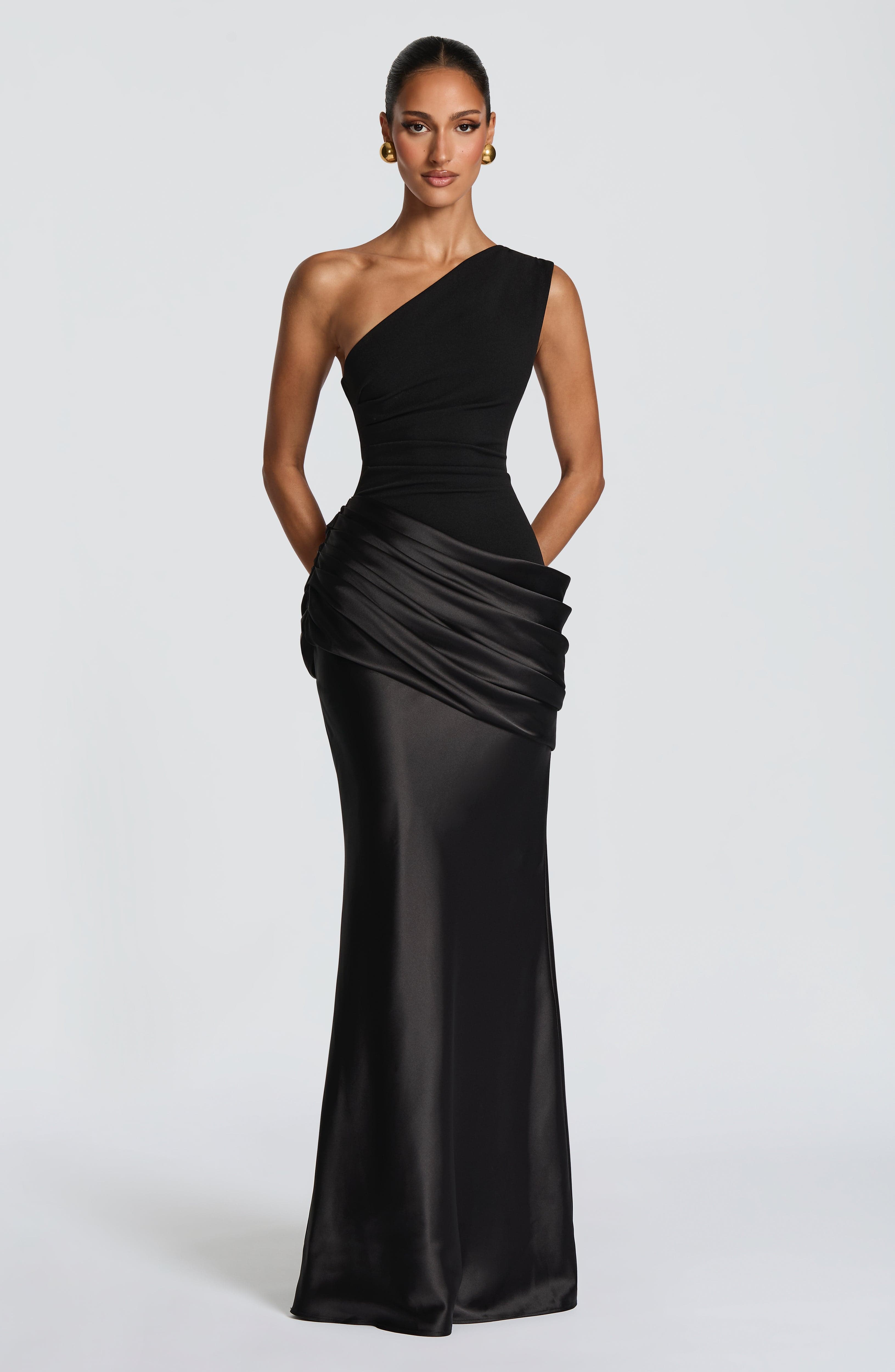 Sadona Maxi Dress - Black Satin One Shoulder - ICYBOO