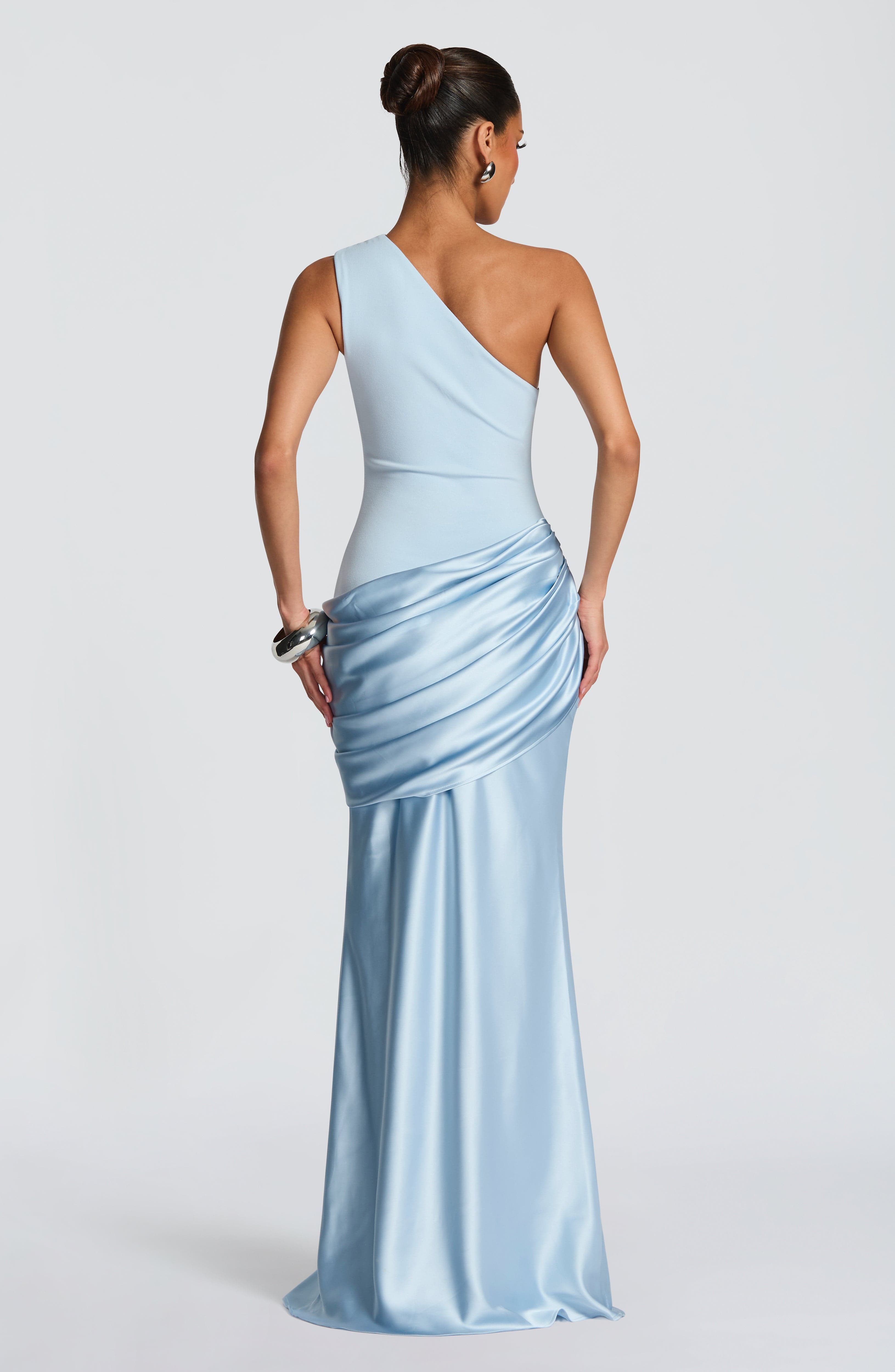 Sadona Maxi Dress - Glacier Blue Satin One-Shoulder - ICYBOO