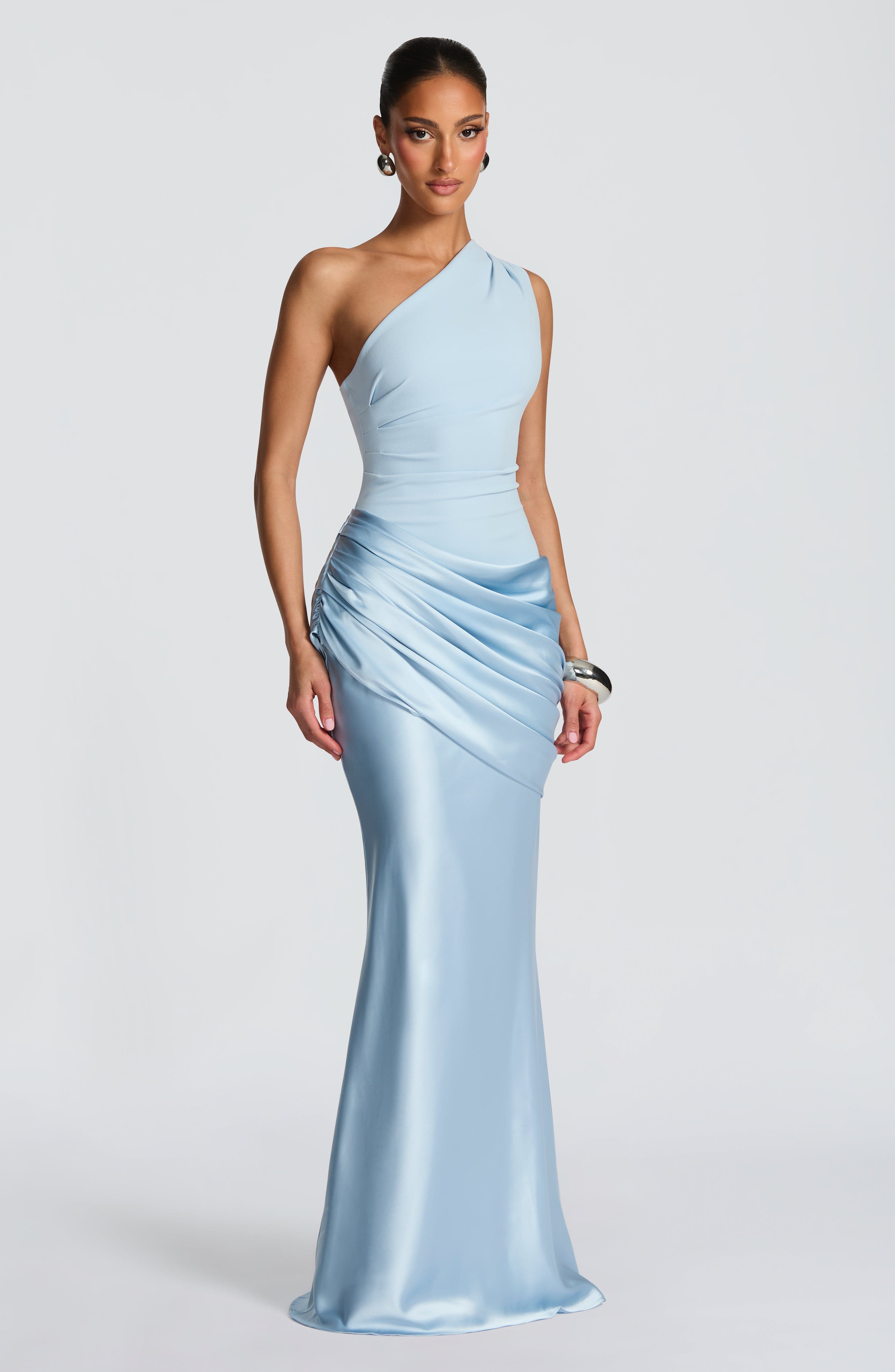 Sadona Maxi Dress - Glacier Blue Satin One-Shoulder - ICYBOO
