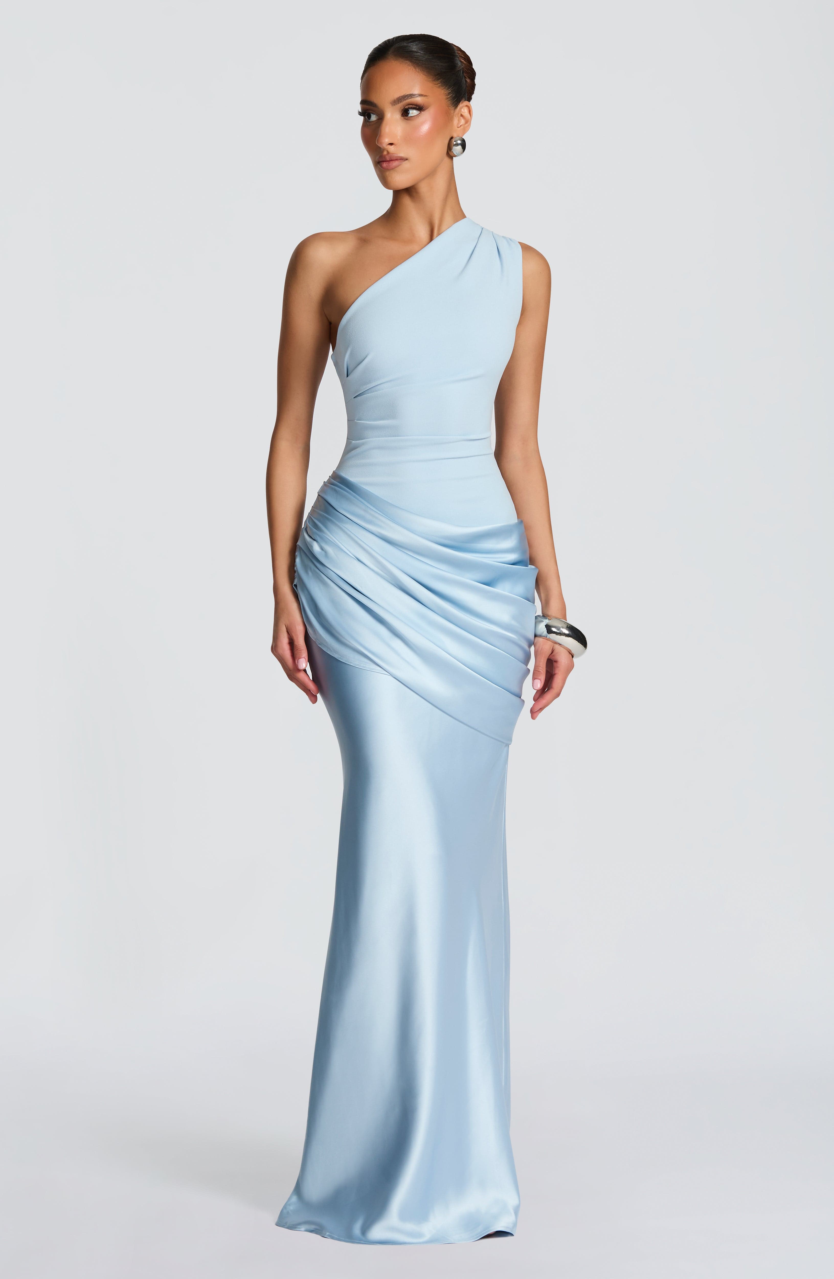 Sadona Maxi Dress - Glacier Blue Satin One-Shoulder - ICYBOO