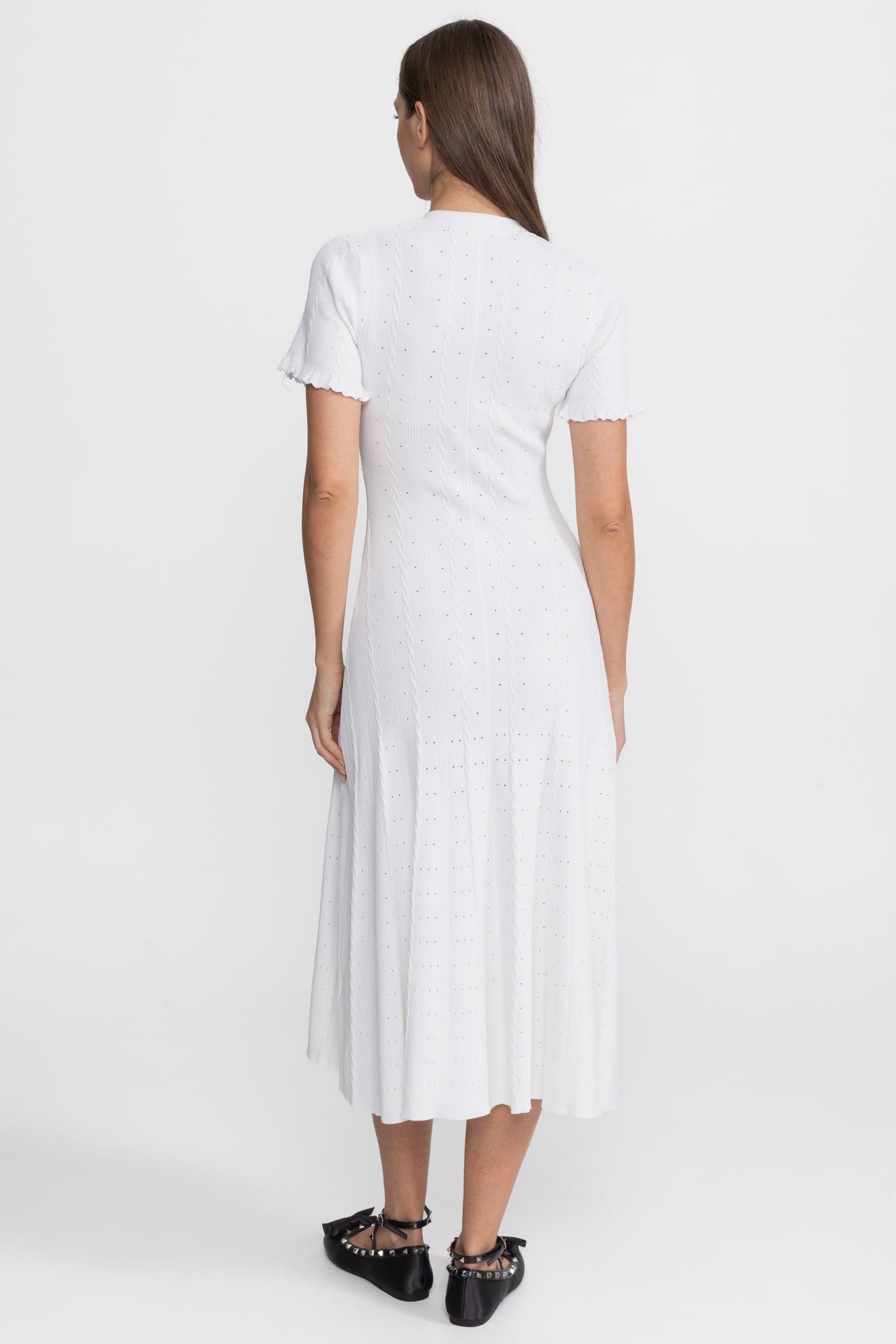 Knit Button-Front Midi Dress with Scalloped Sleeves – White - ICYBOO
