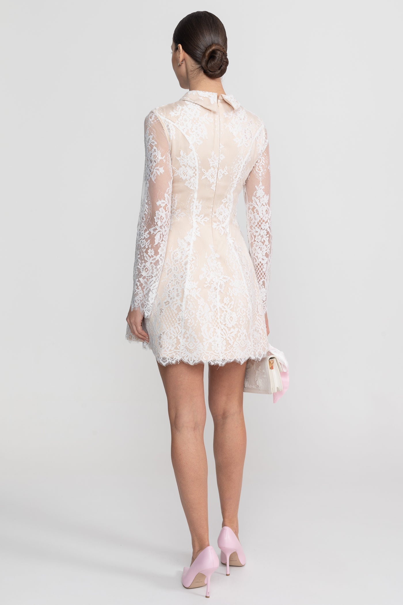Long Sleeve Lace Mini Dress With Collared Neckline With Sheer Overlay - Ivoire - ICYBOO