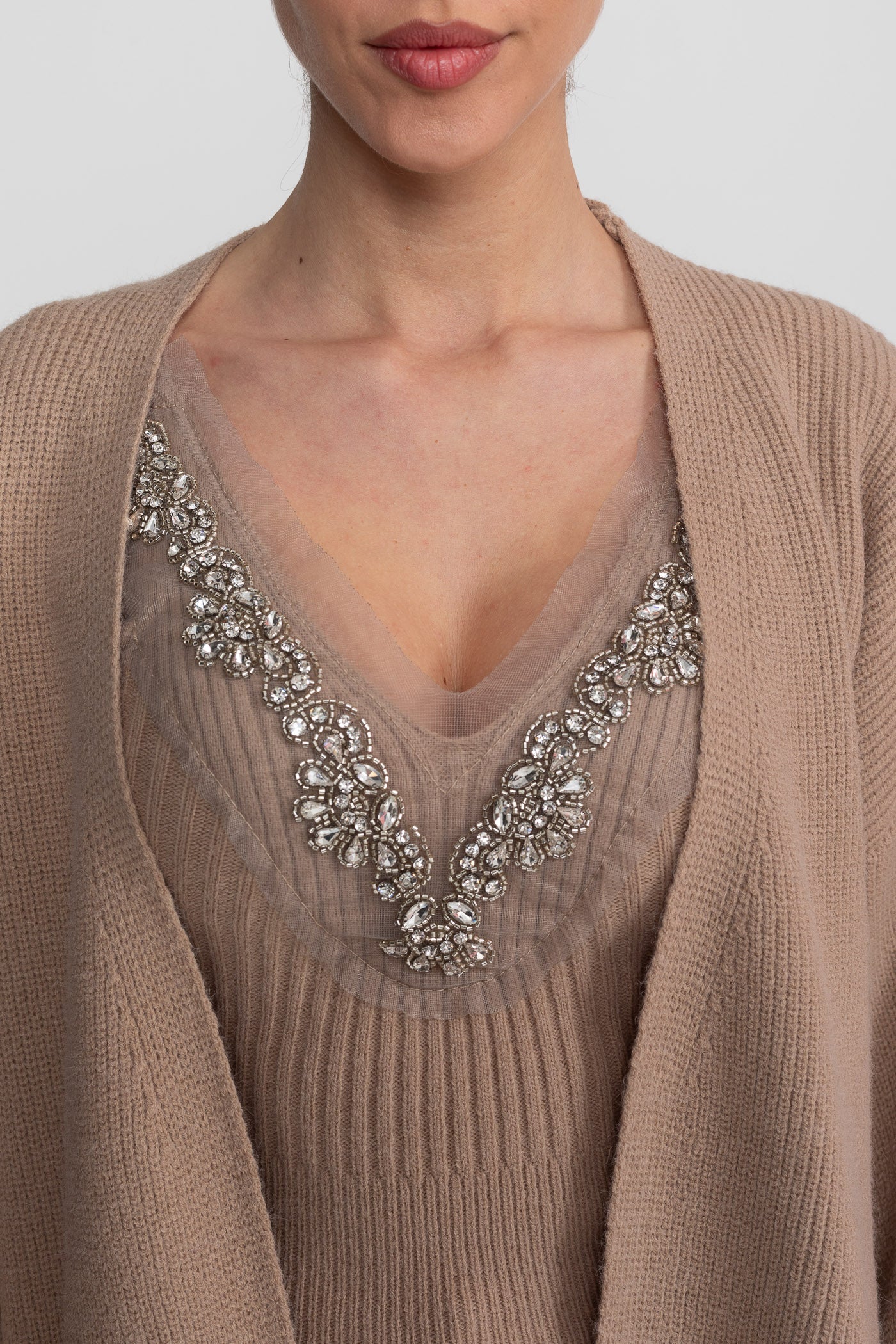 Knit Two Piece Set With Crystal Embellishments And Trim Cuffs - Beige - ICYBOO