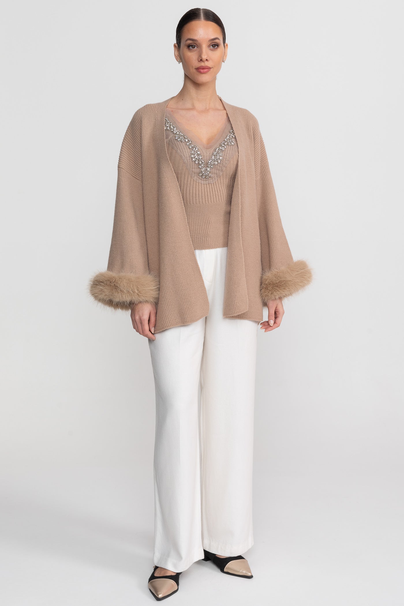Knit Two Piece Set With Crystal Embellishments And Trim Cuffs - Beige - ICYBOO