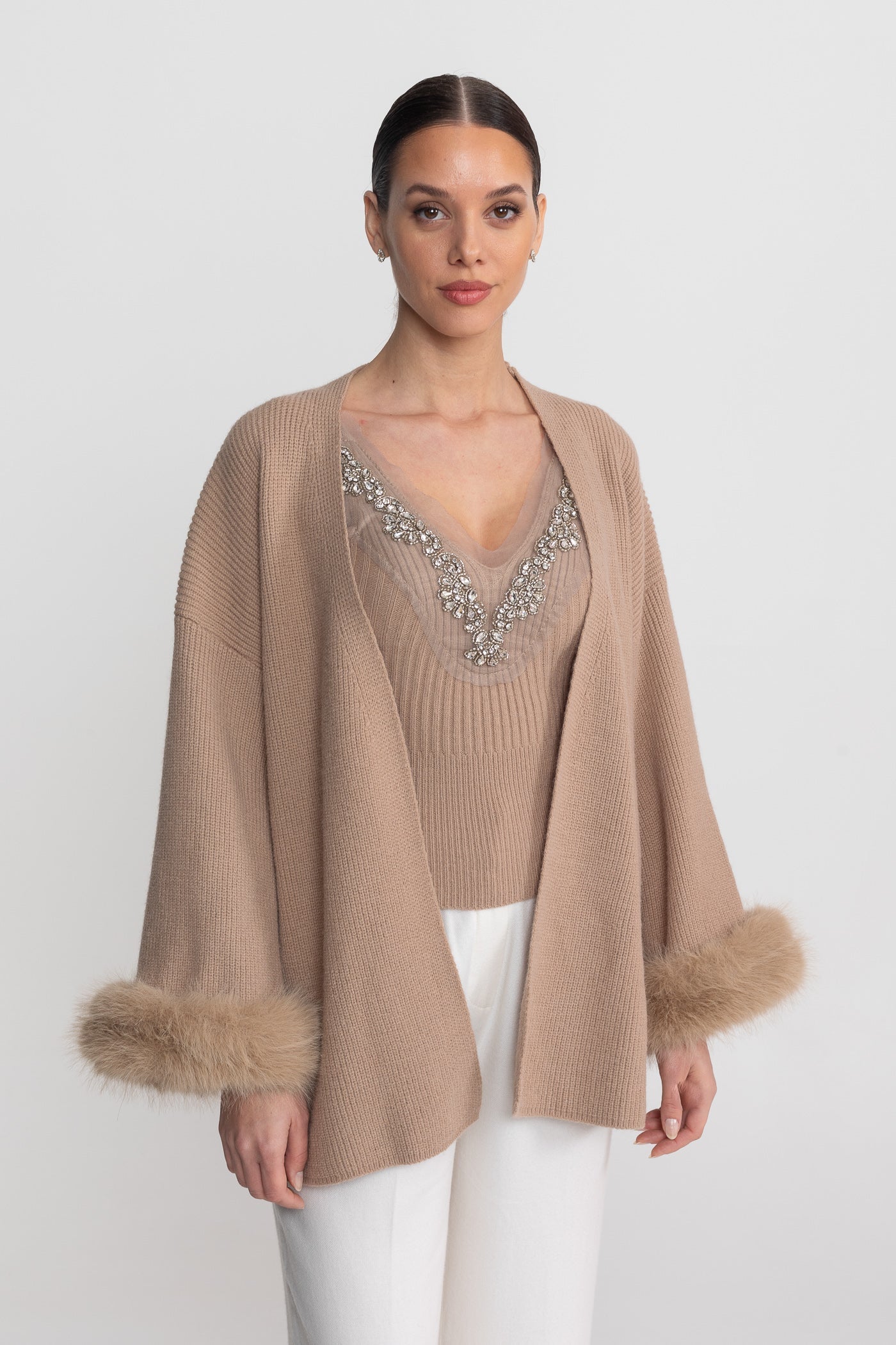 Knit Two Piece Set With Crystal Embellishments And Trim Cuffs - Beige - ICYBOO