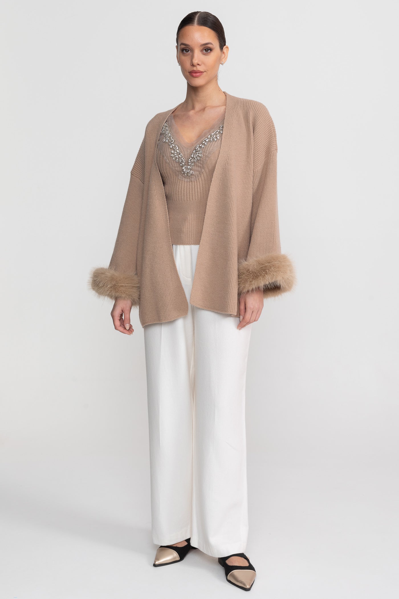Knit Two Piece Set With Crystal Embellishments And Trim Cuffs - Beige - ICYBOO