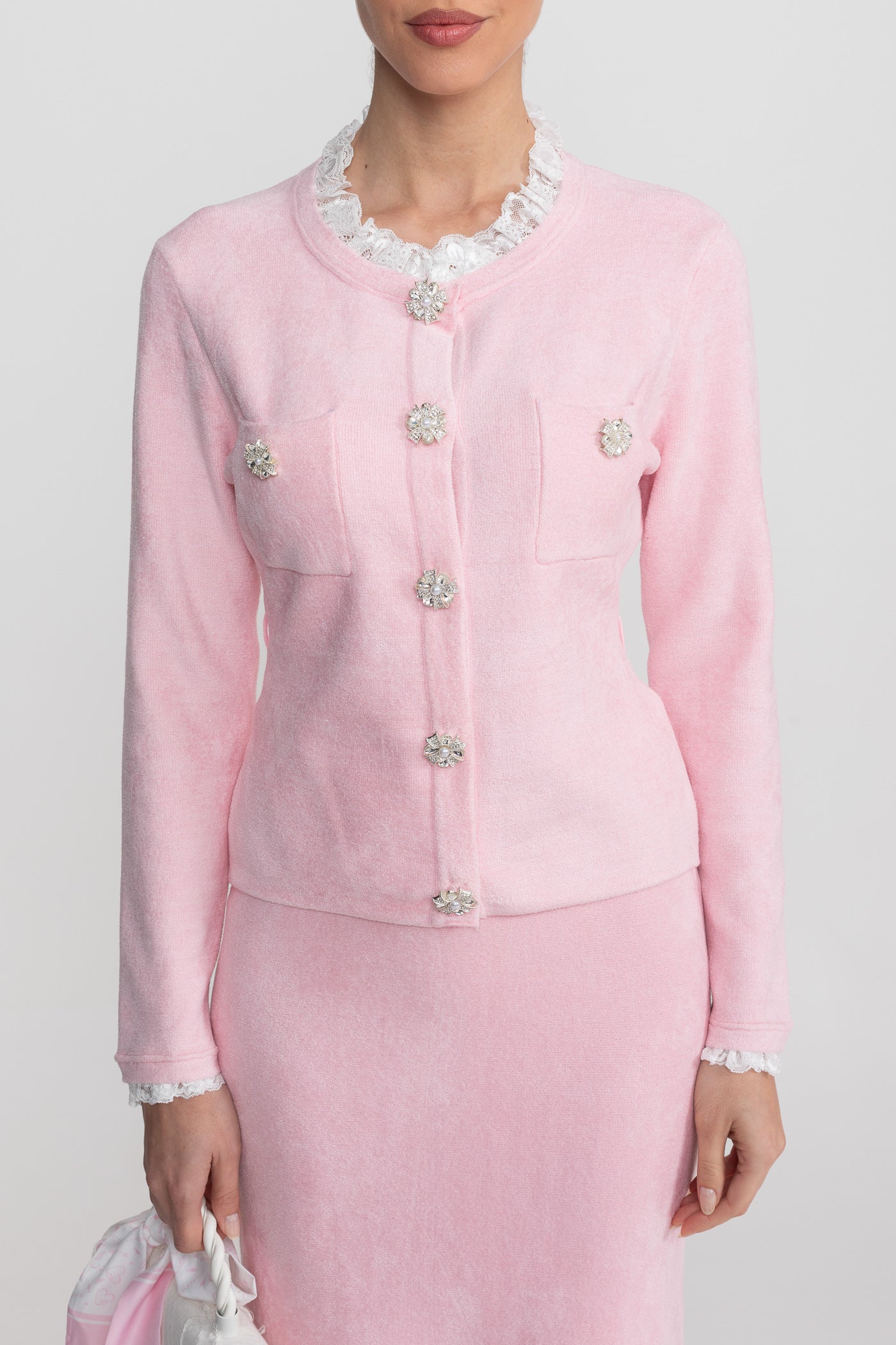 Long Sleeve Co-Ord With Fitted Knit Bodice And Crystal Button Detail - Blush Pink - ICYBOO