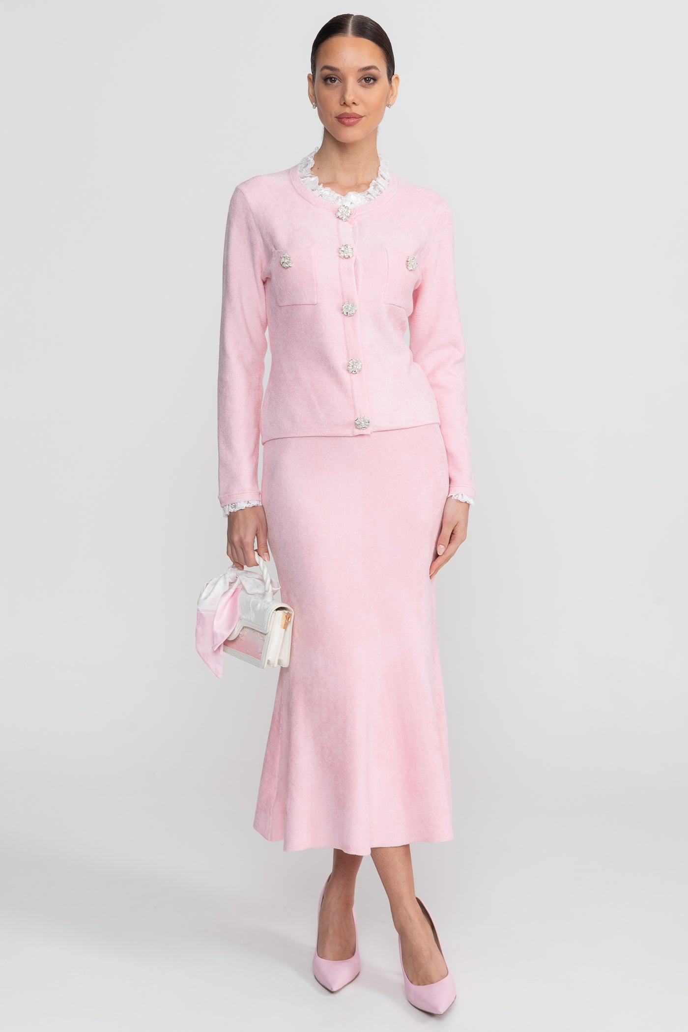 Long Sleeve Co-Ord With Fitted Knit Bodice And Crystal Button Detail - Blush Pink - ICYBOO