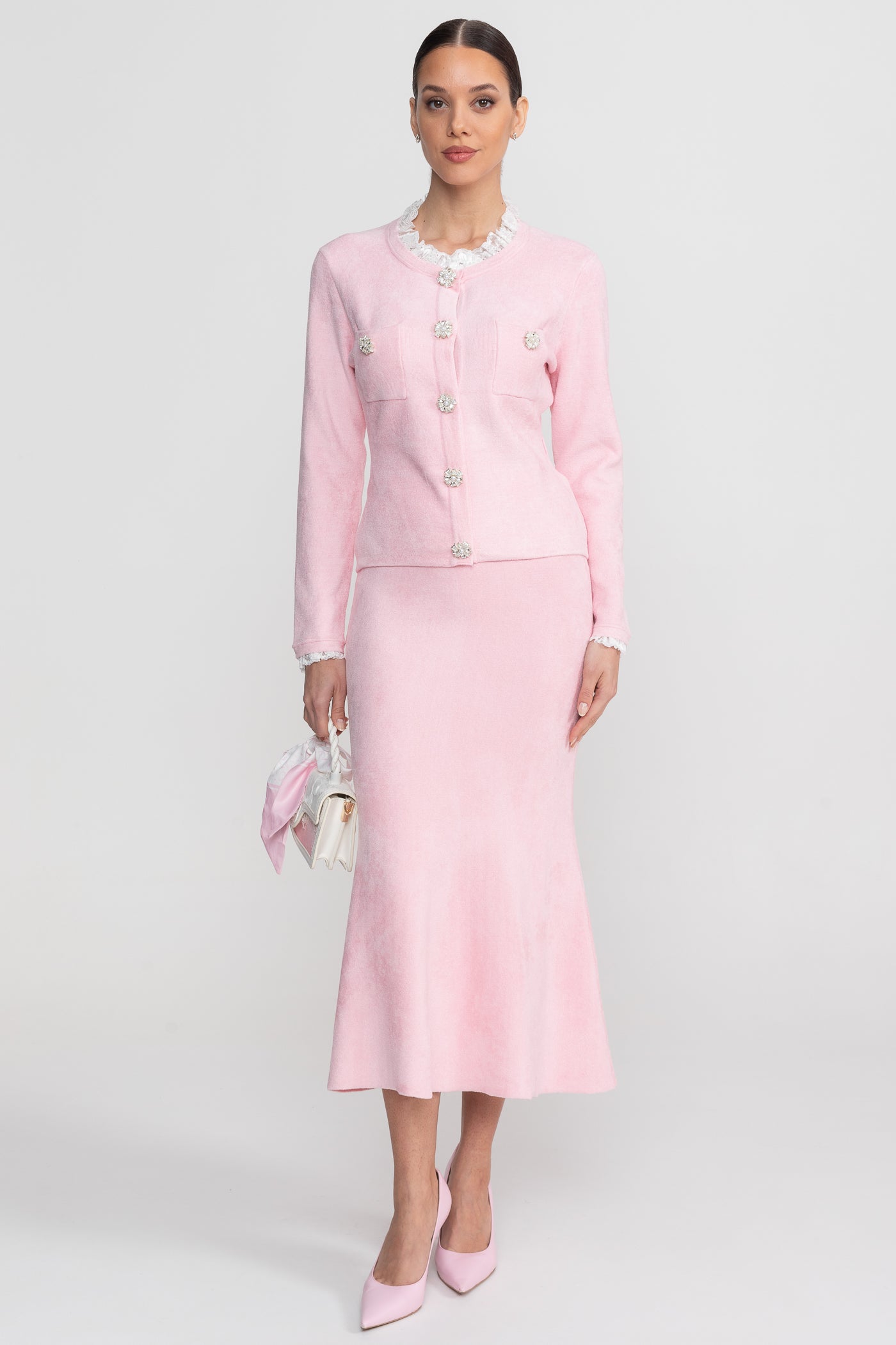 Long Sleeve Co-Ord With Fitted Knit Bodice And Crystal Button Detail - Blush Pink - ICYBOO