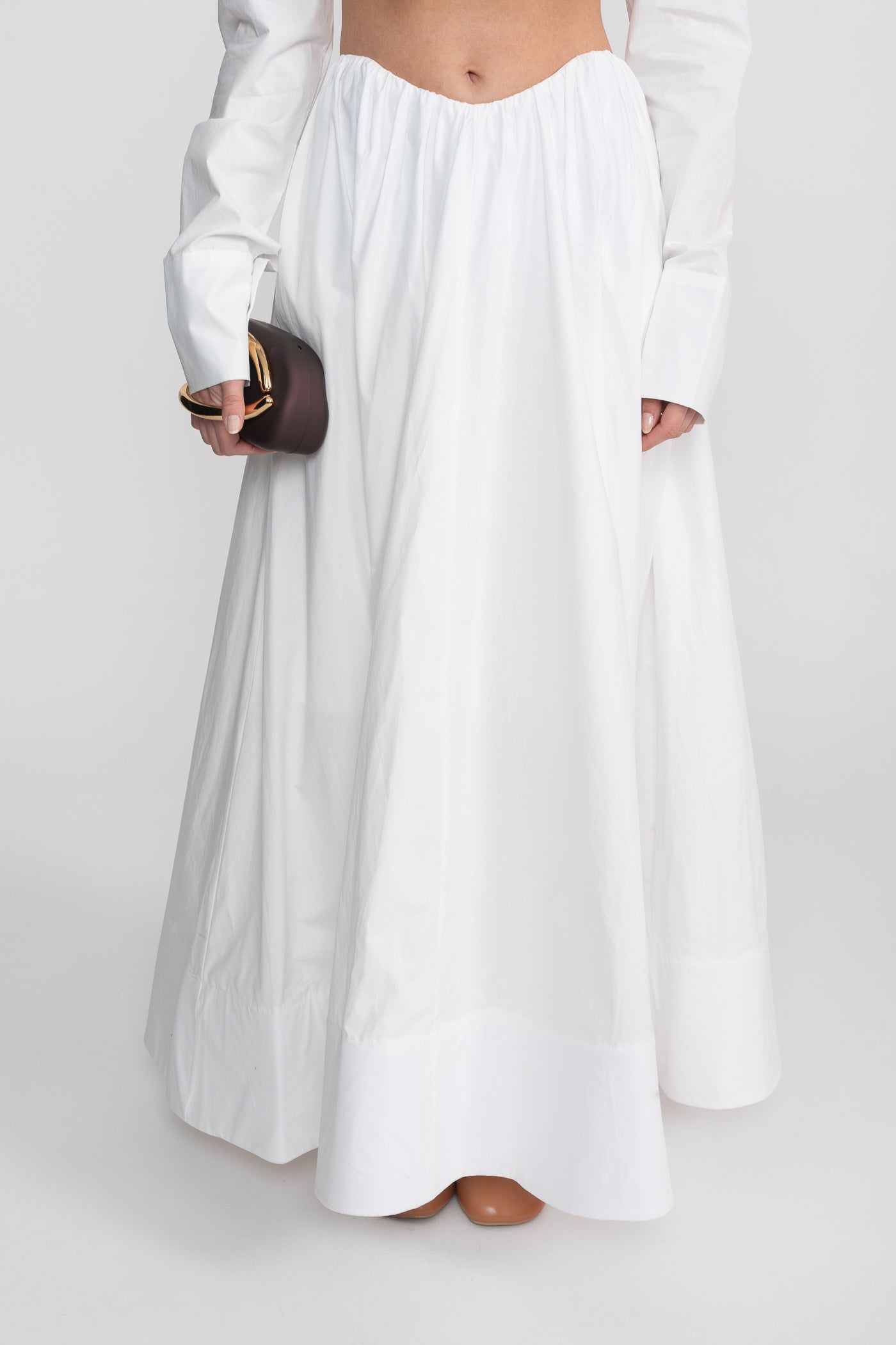 Long Sleeve Co-Ord Set With Cropped Underbust Top - White - ICYBOO