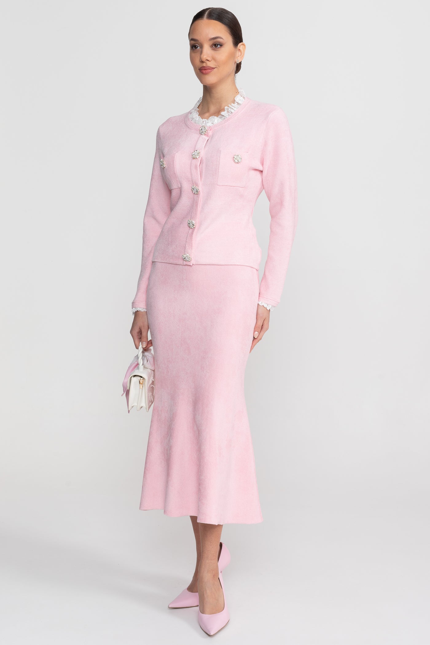 Long Sleeve Co-Ord With Fitted Knit Bodice And Crystal Button Detail - Blush Pink - ICYBOO