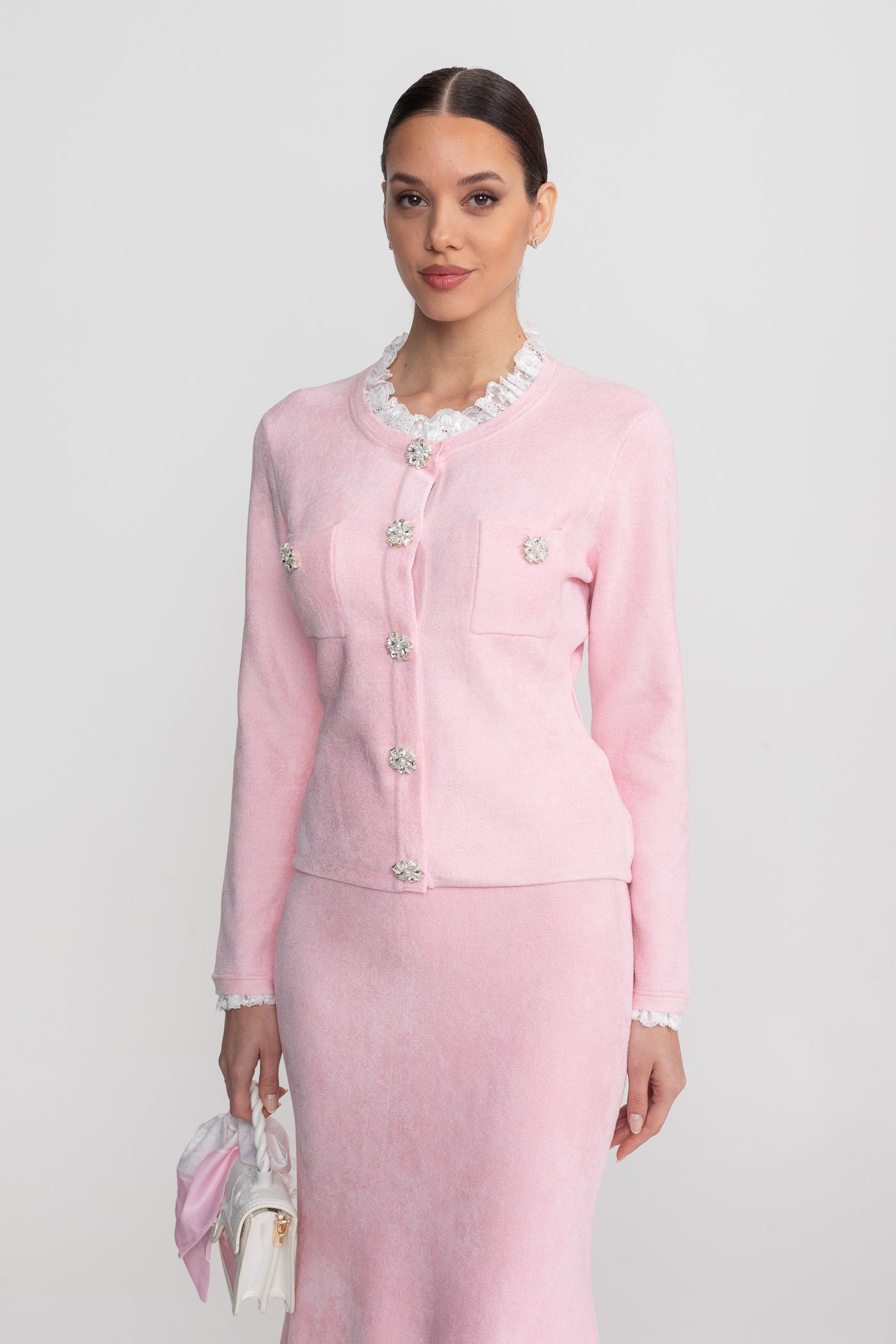 Long Sleeve Co-Ord With Fitted Knit Bodice And Crystal Button Detail - Blush Pink - ICYBOO