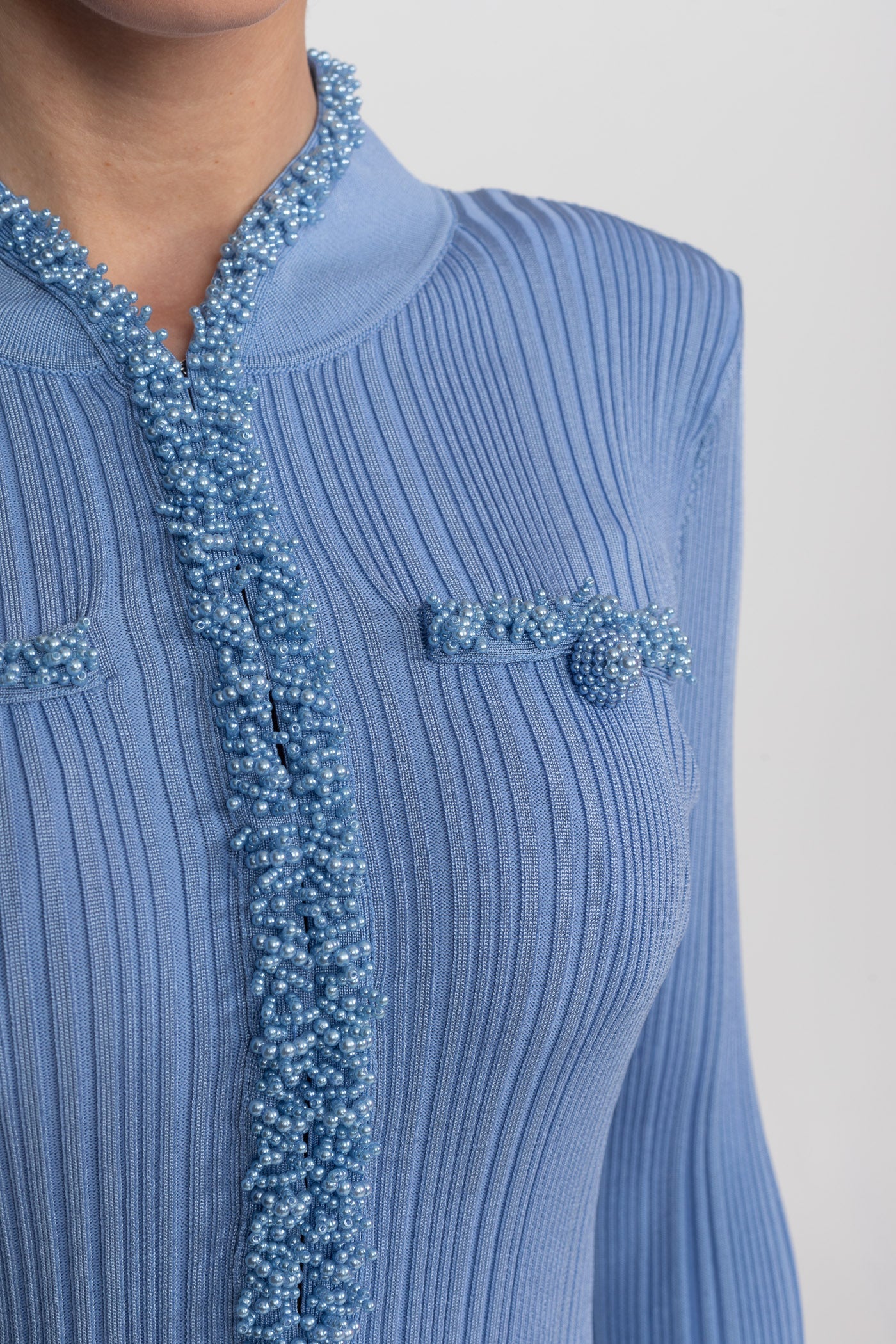 Ribbed Knit Mini Dress With Beaded Trim Detailing - Blue - ICYBOO