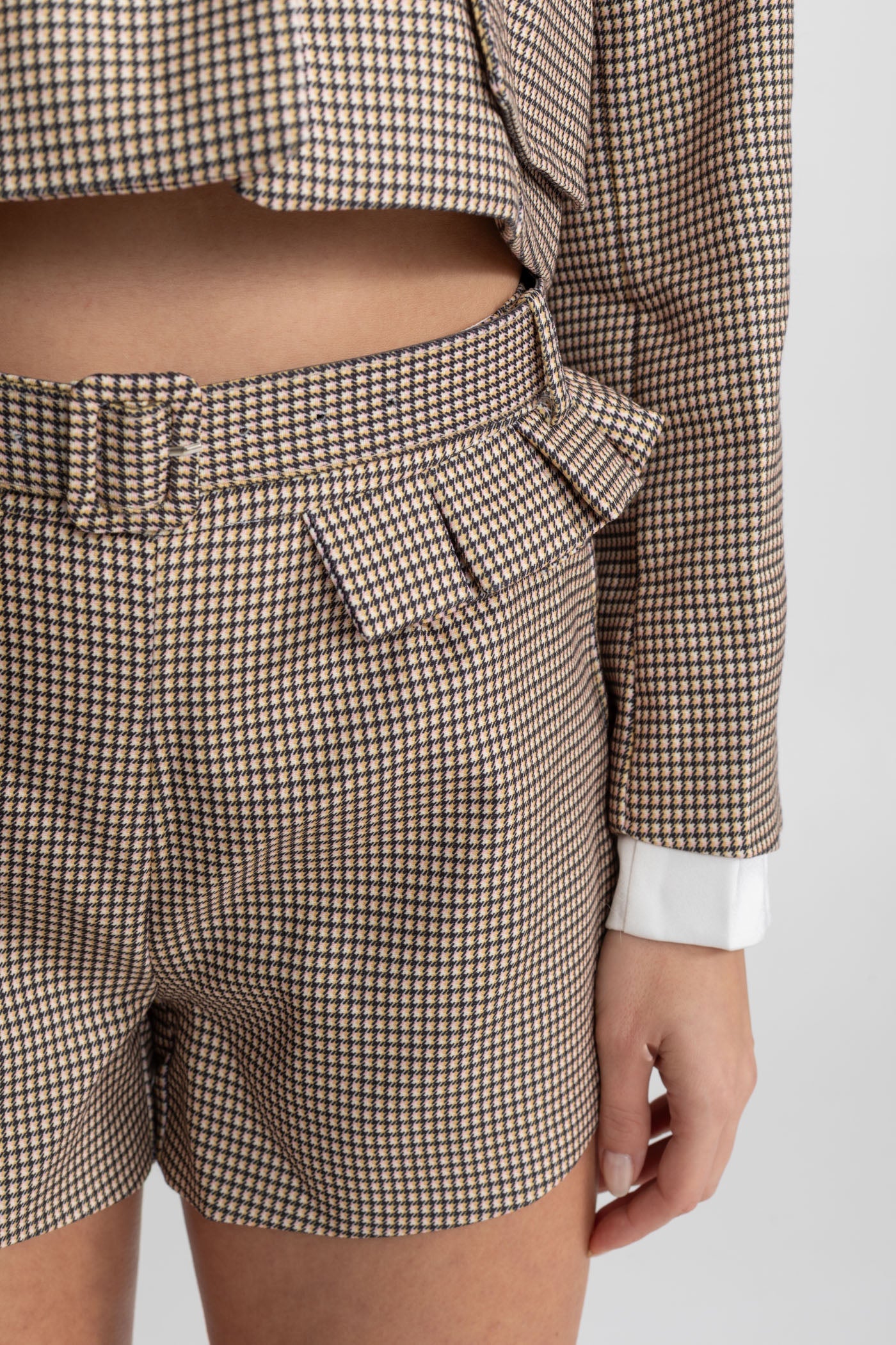 Checked Tailored Co-Ord Set with Statement Bow Detail – Beige - ICYBOO