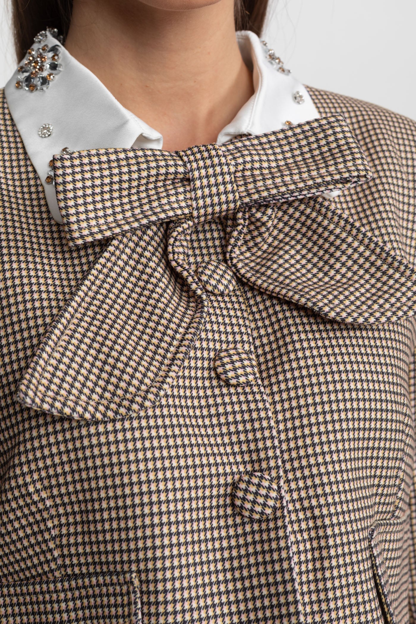 Checked Tailored Co-Ord Set with Statement Bow Detail – Beige - ICYBOO