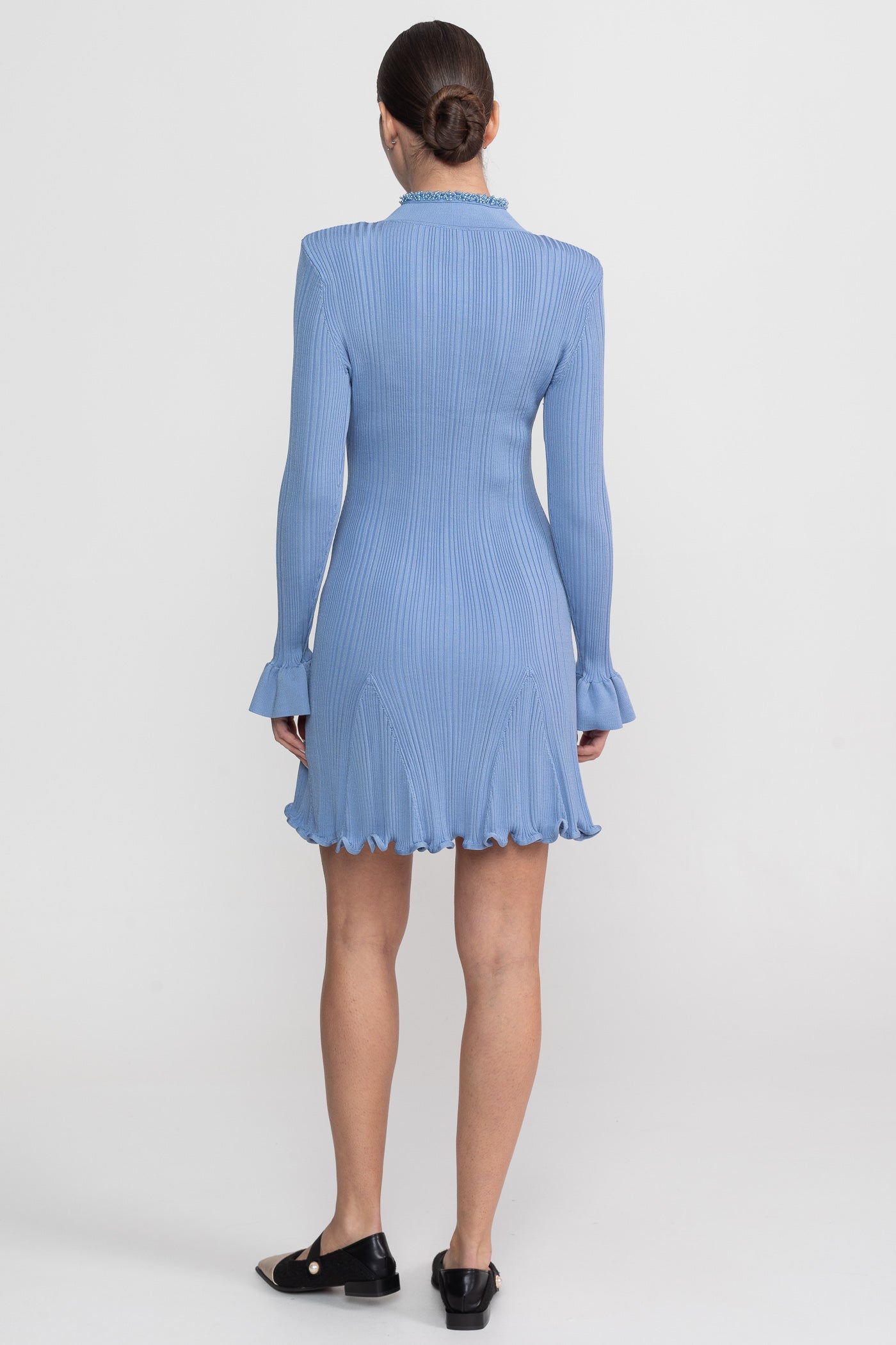 Ribbed Knit Mini Dress With Beaded Trim Detailing - Blue - ICYBOO