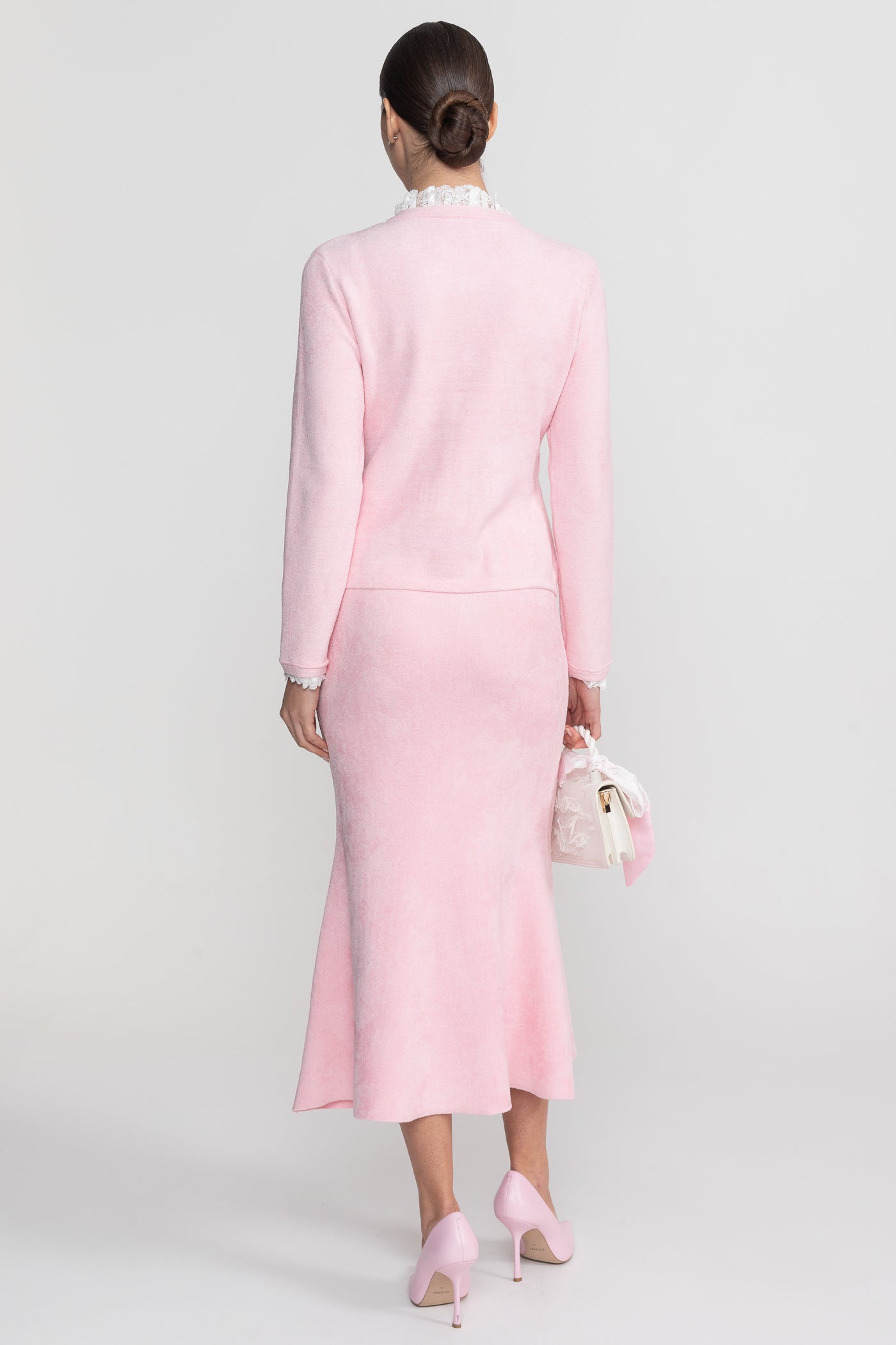 Long Sleeve Co-Ord With Fitted Knit Bodice And Crystal Button Detail - Blush Pink - ICYBOO