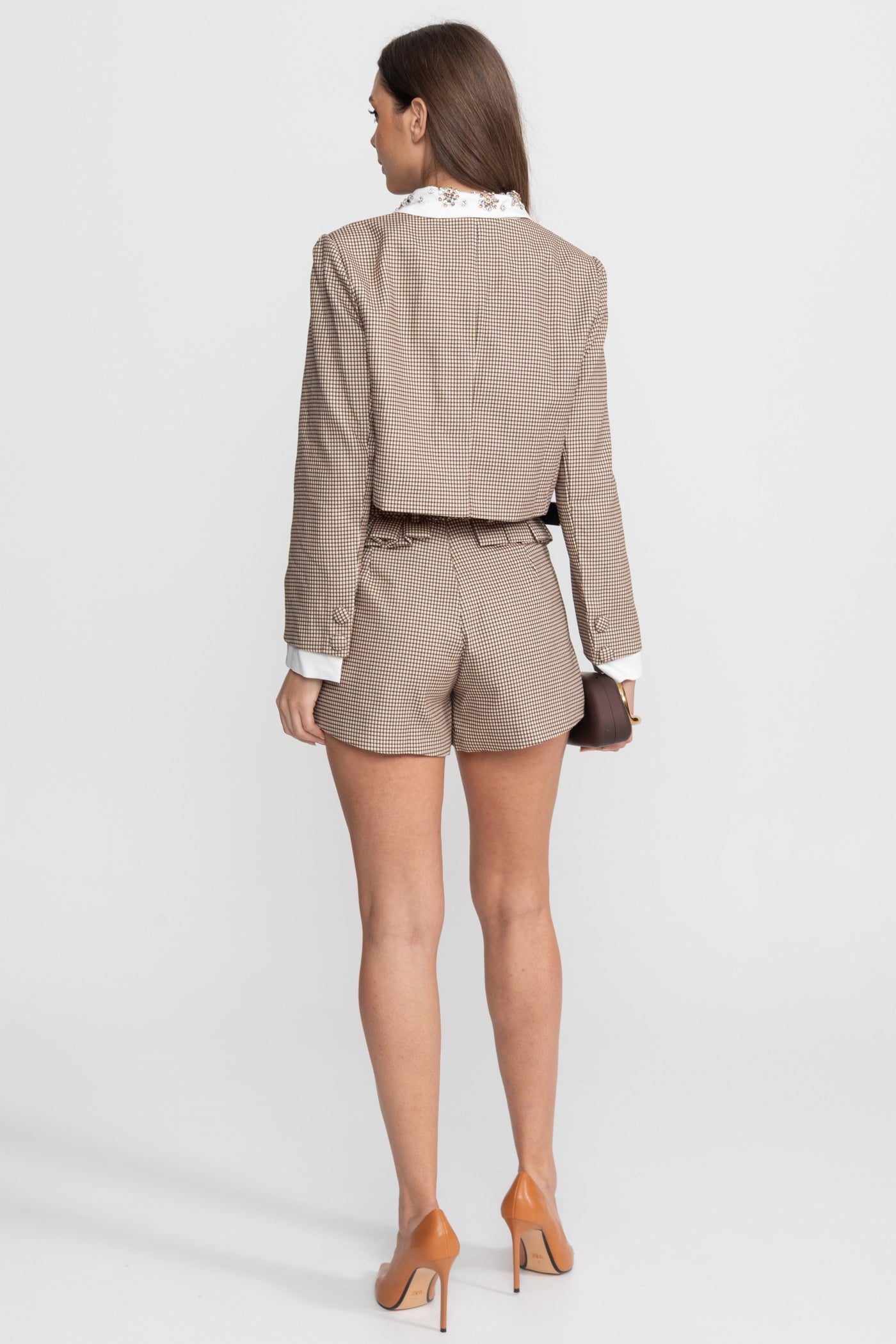 Checked Tailored Co-Ord Set with Statement Bow Detail – Beige - ICYBOO