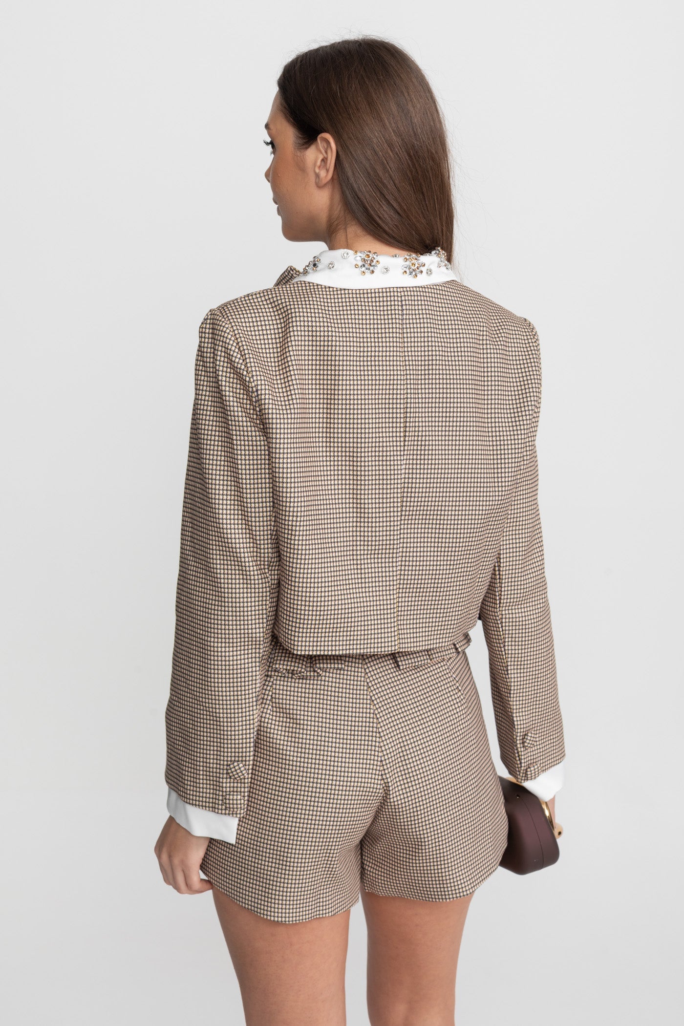 Checked Tailored Co-Ord Set with Statement Bow Detail – Beige - ICYBOO